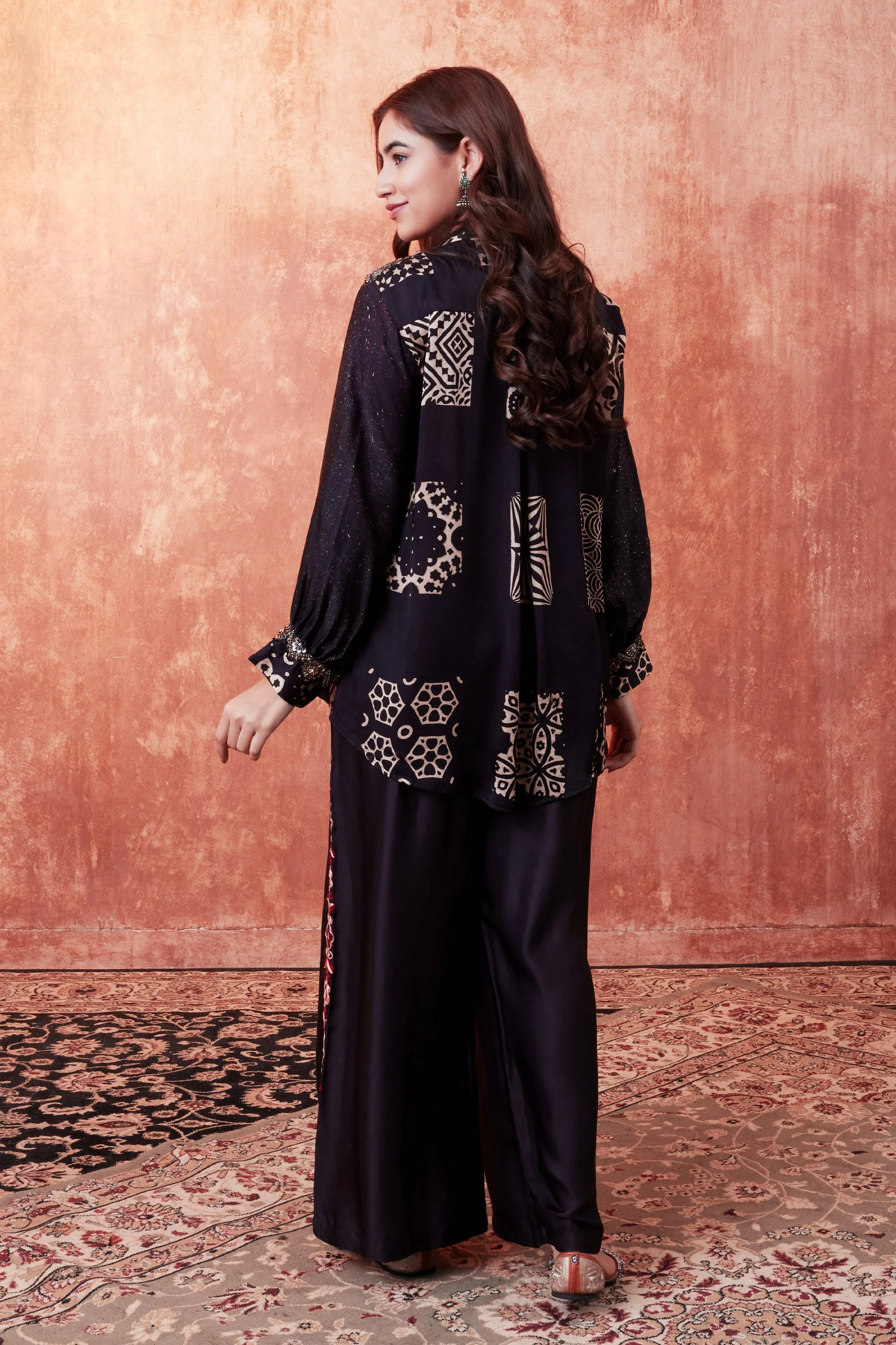 Black Ajrakh Printed Habutai Silk Co-Ord Set - Image 3