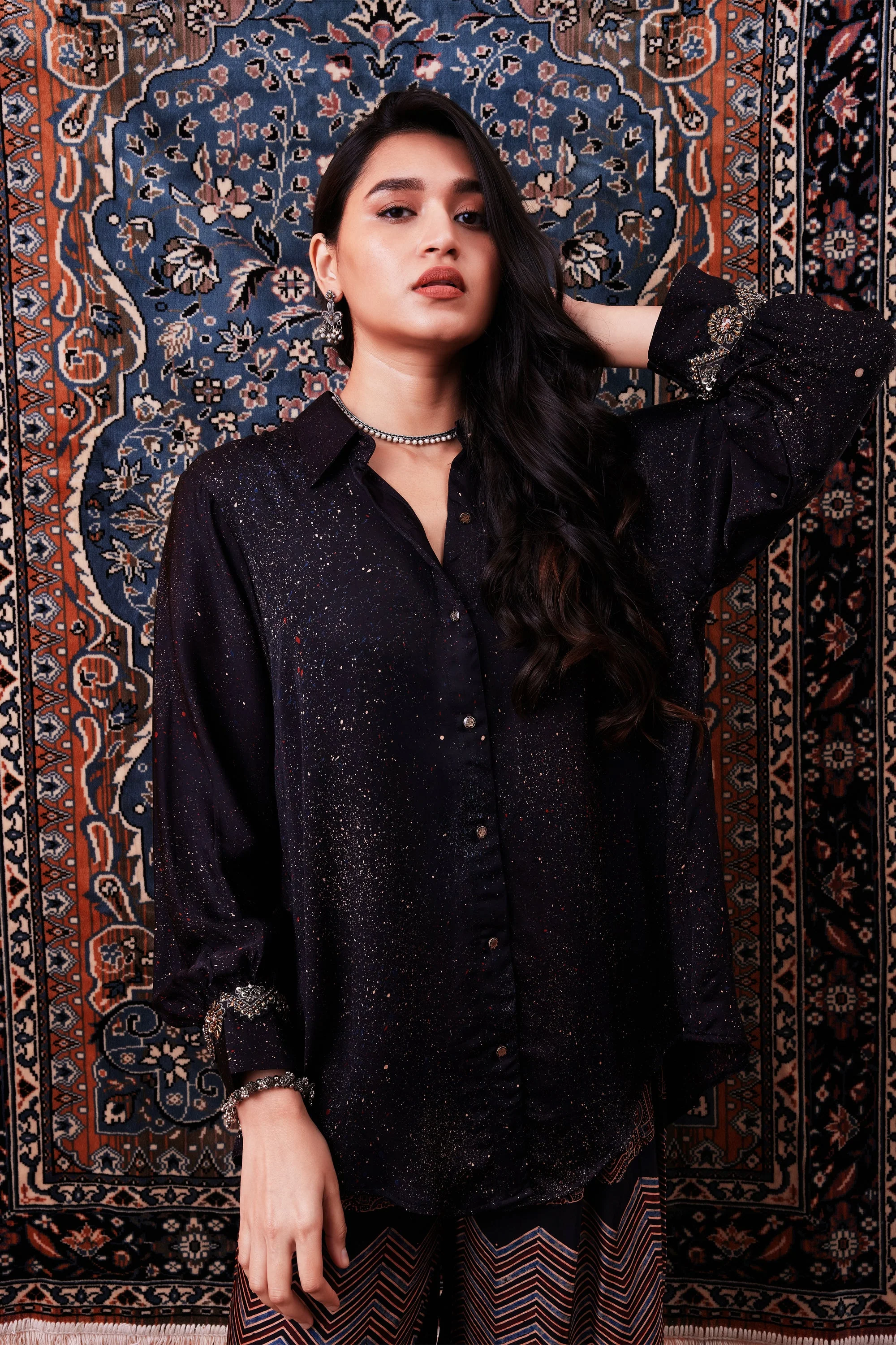 Black Ajrakh Printed Habutai Silk Co-Ord Set - Image 2