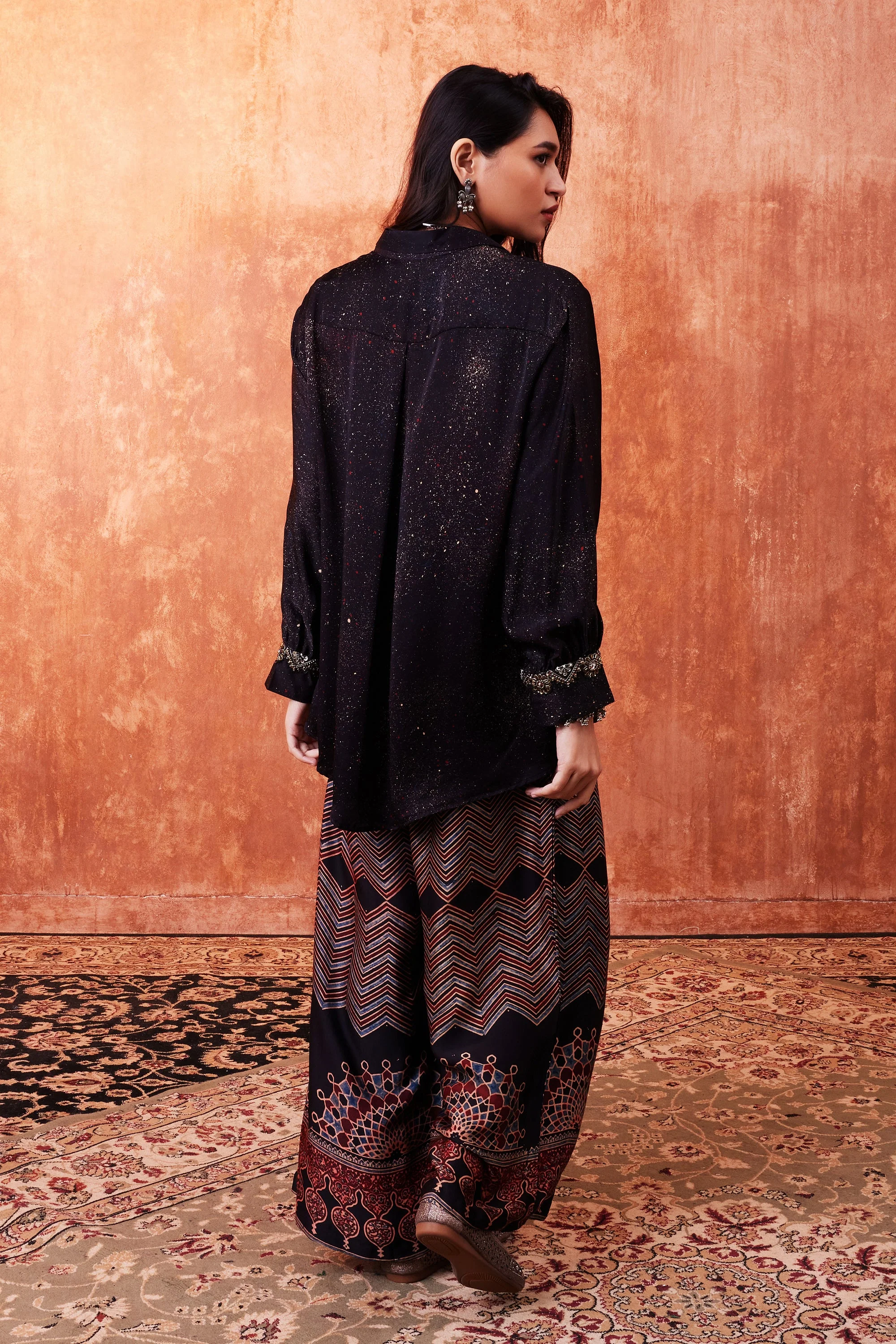 Black Ajrakh Printed Habutai Silk Co-Ord Set - Image 3