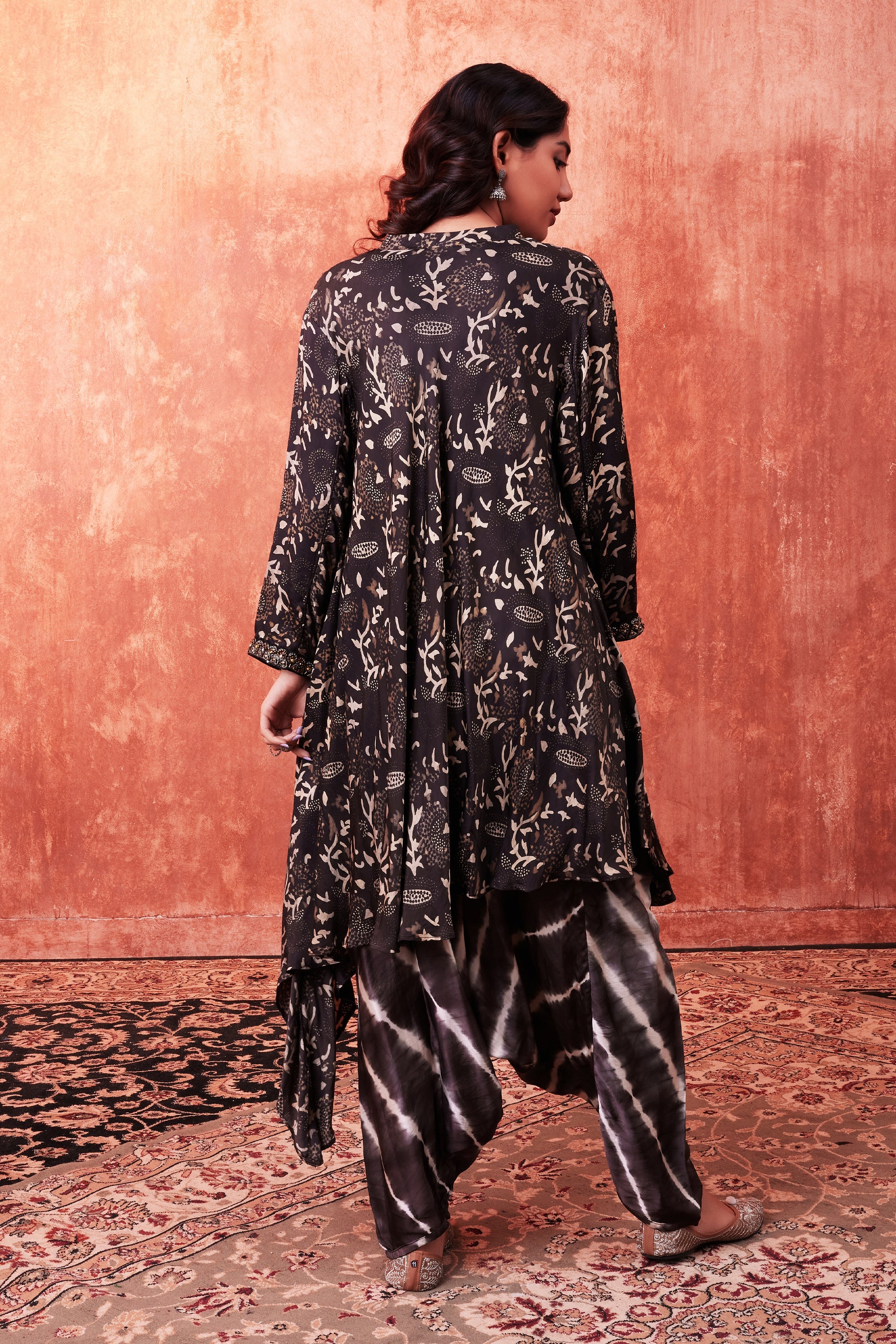 Black Ajrakh Printed Habutai Silk Kurta Salwar Set - Image 2