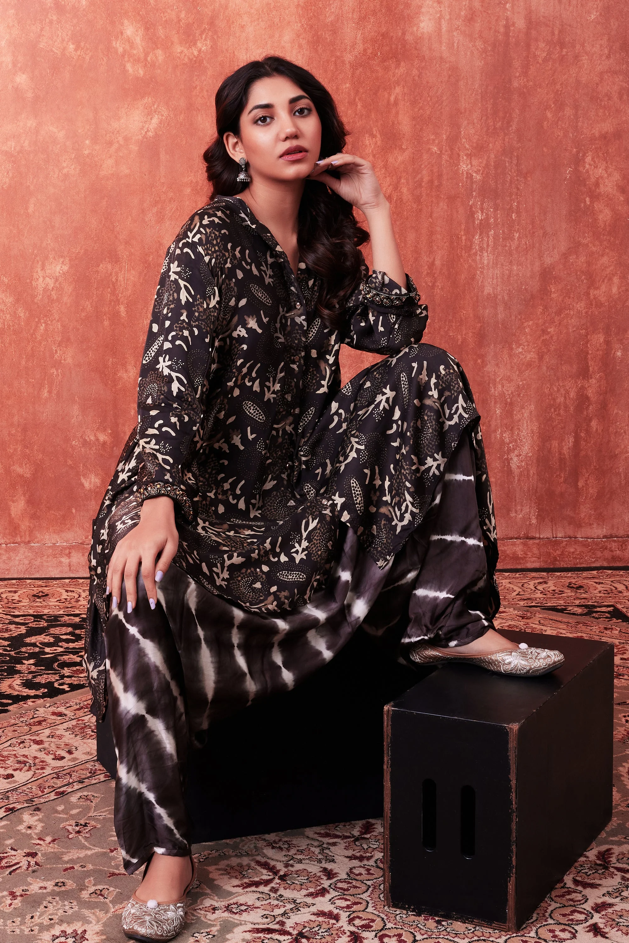 Black Ajrakh Printed Habutai Silk Kurta Salwar Set - Image 3