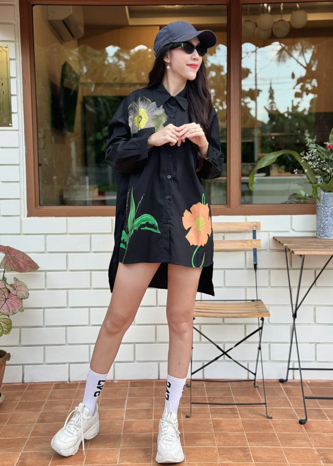 Black Botanical Printed Cotton Shirt Dress - Image 2