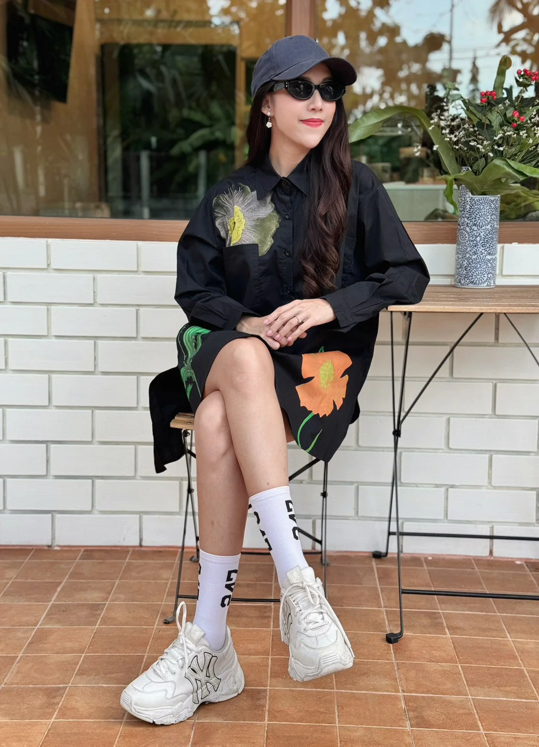 Black Botanical Printed Cotton Shirt Dress - Image 3