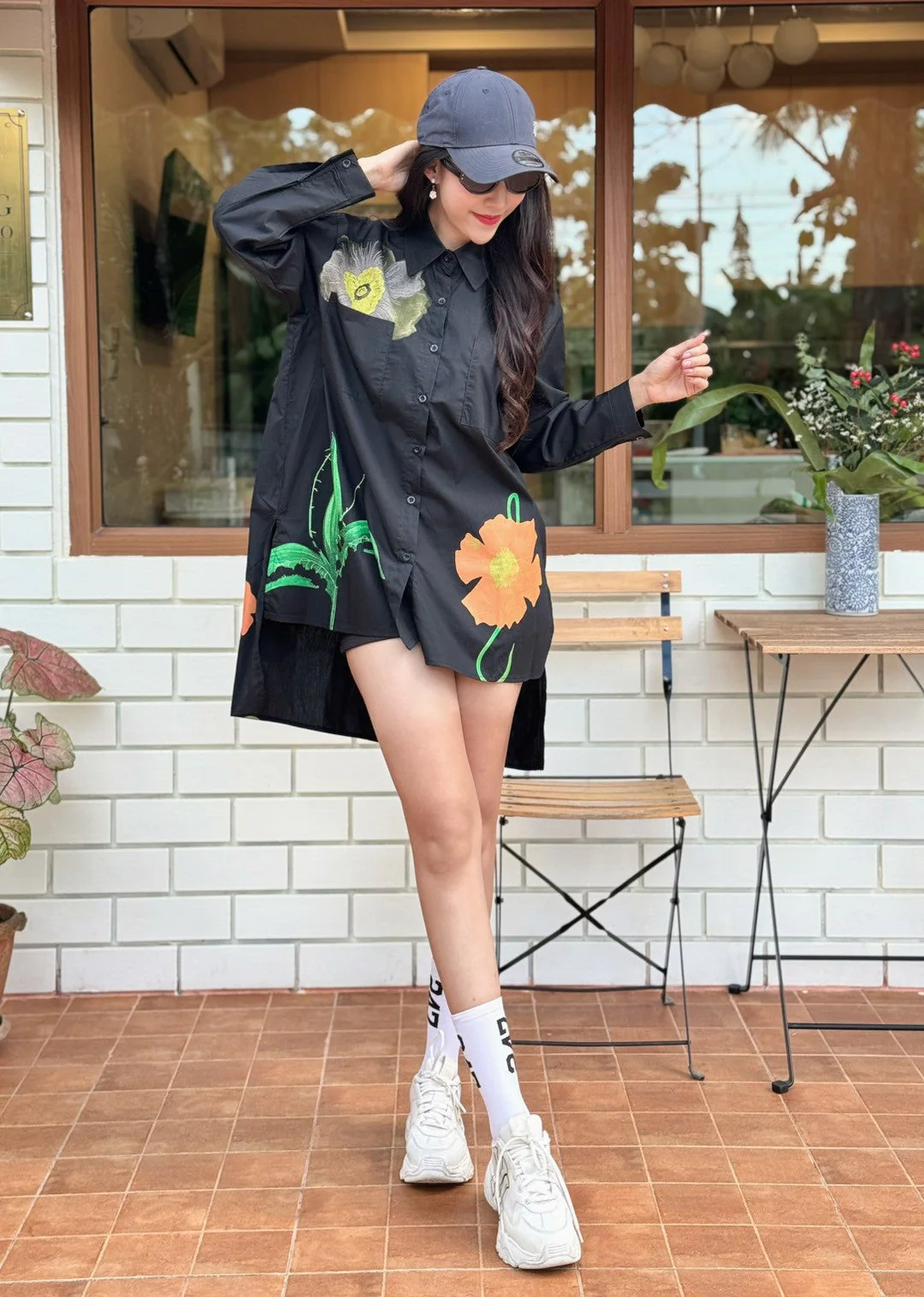 Black Botanical Printed Cotton Shirt Dress - Image 4