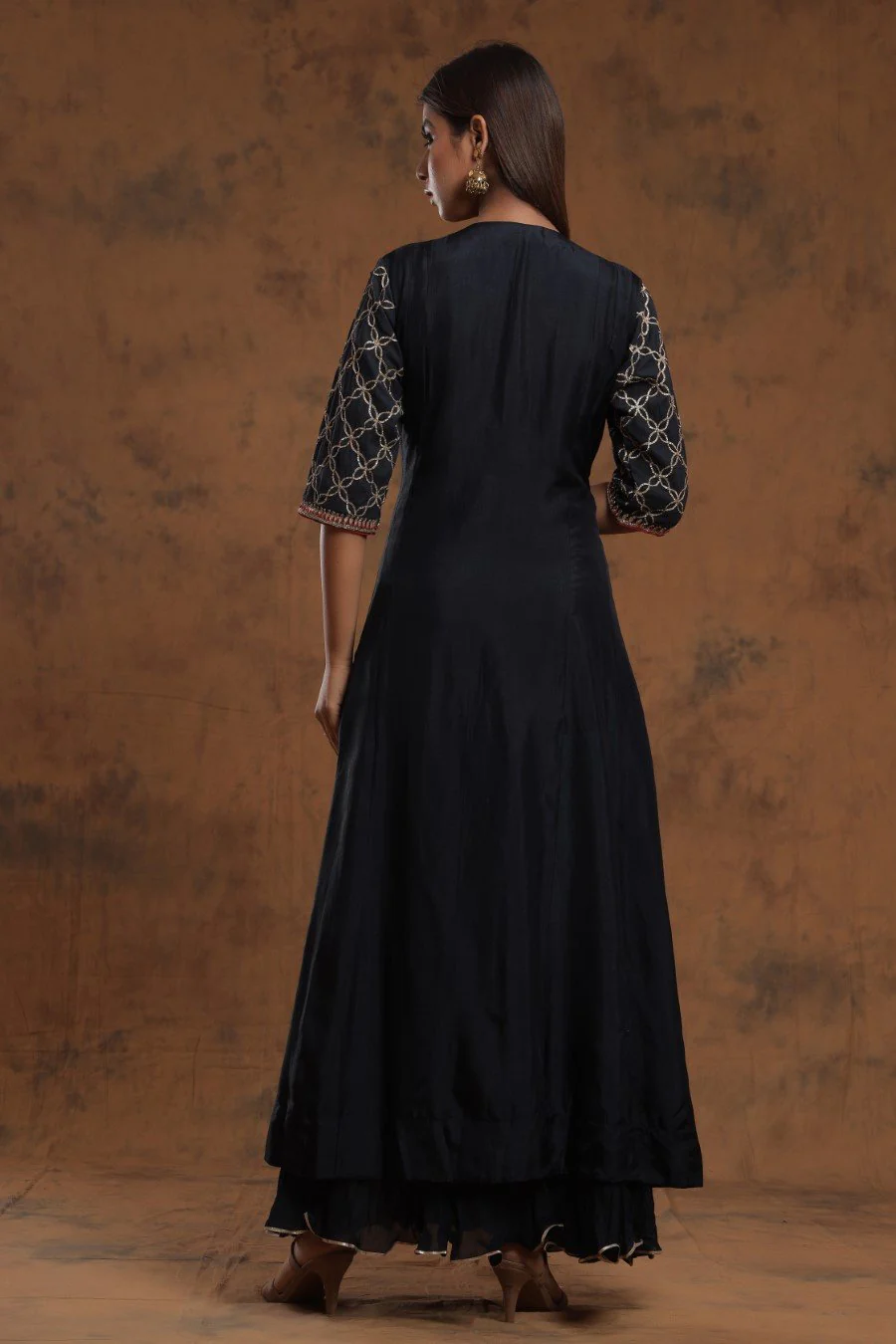 Black Chanderi Silk Kalidar  Kurti With Embroidery - Image 2