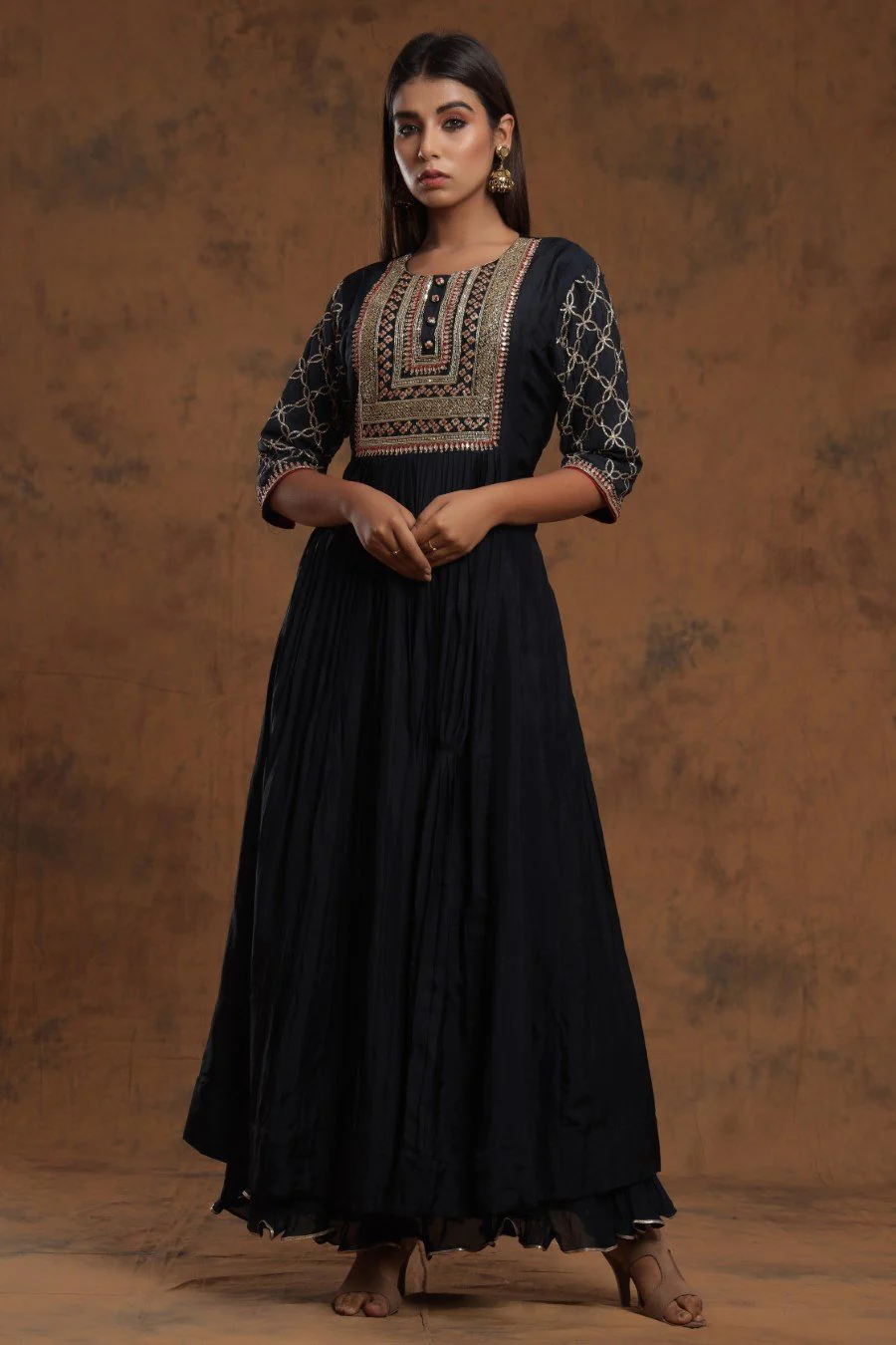 Black Chanderi Silk Kalidar  Kurti With Embroidery - Image 3