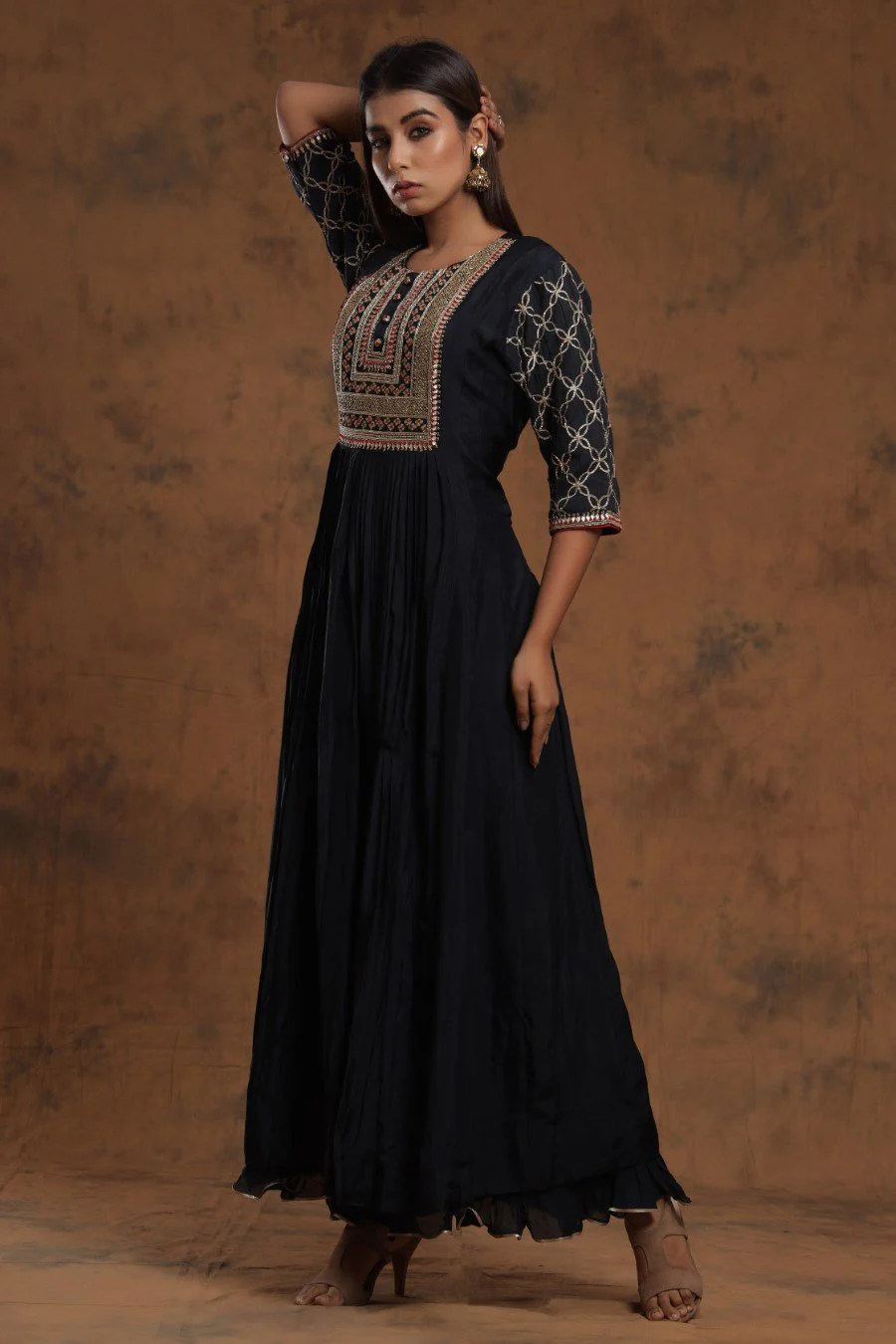Black Chanderi Silk Kalidar  Kurti With Embroidery - Image 4