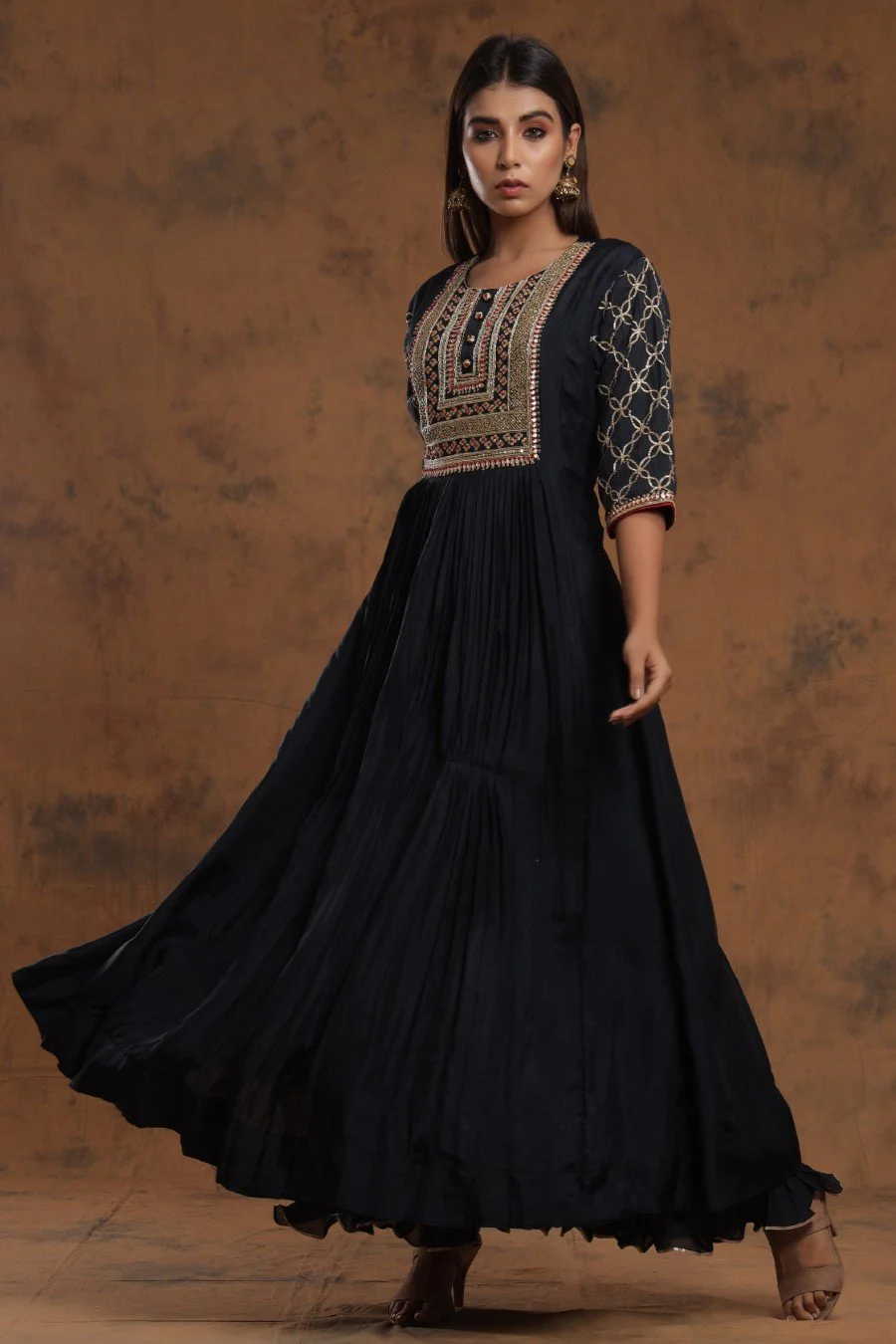Black Chanderi Silk Kalidar  Kurti With Embroidery - Image 5