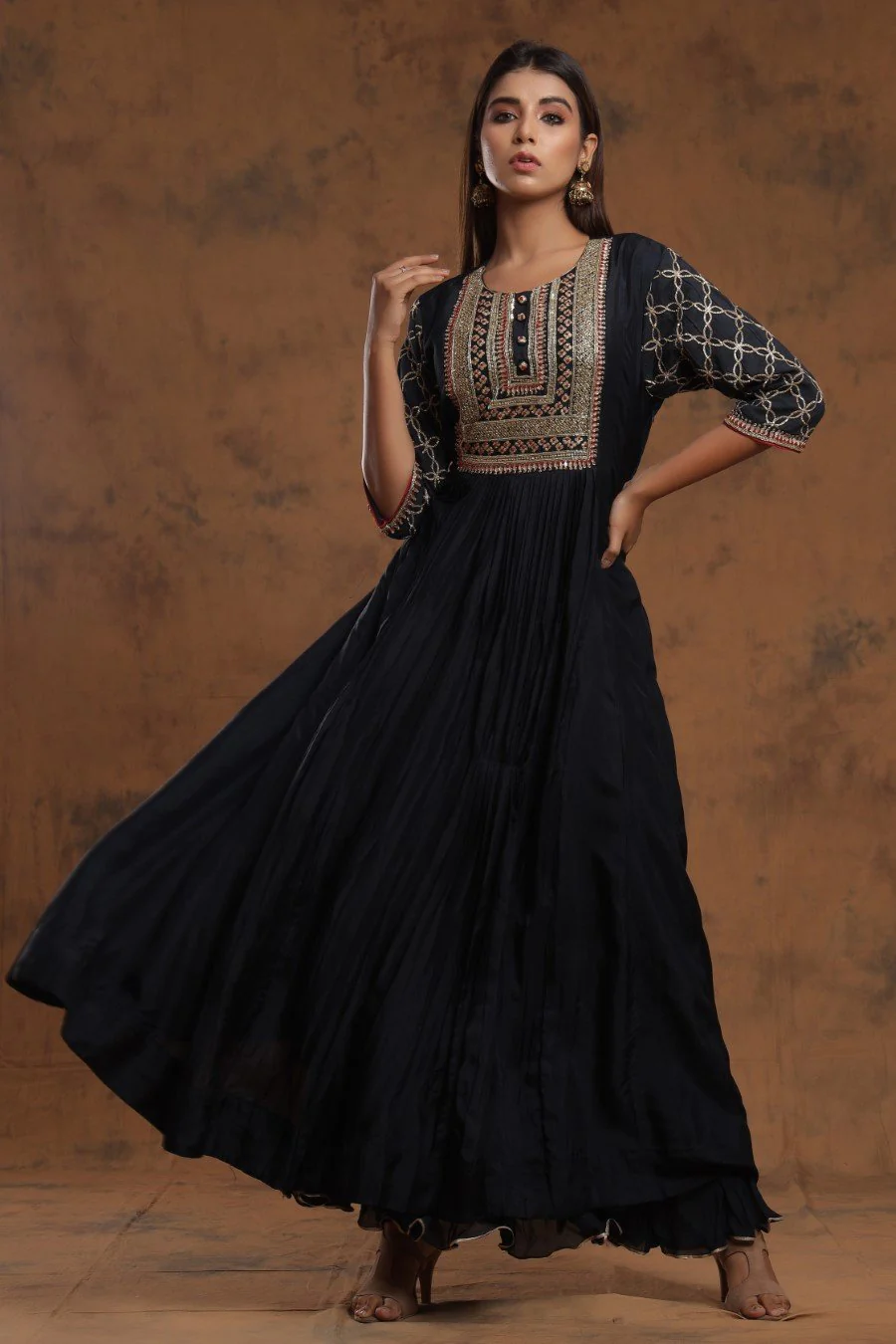Black Chanderi Silk Kalidar  Kurti With Embroidery - Image 6