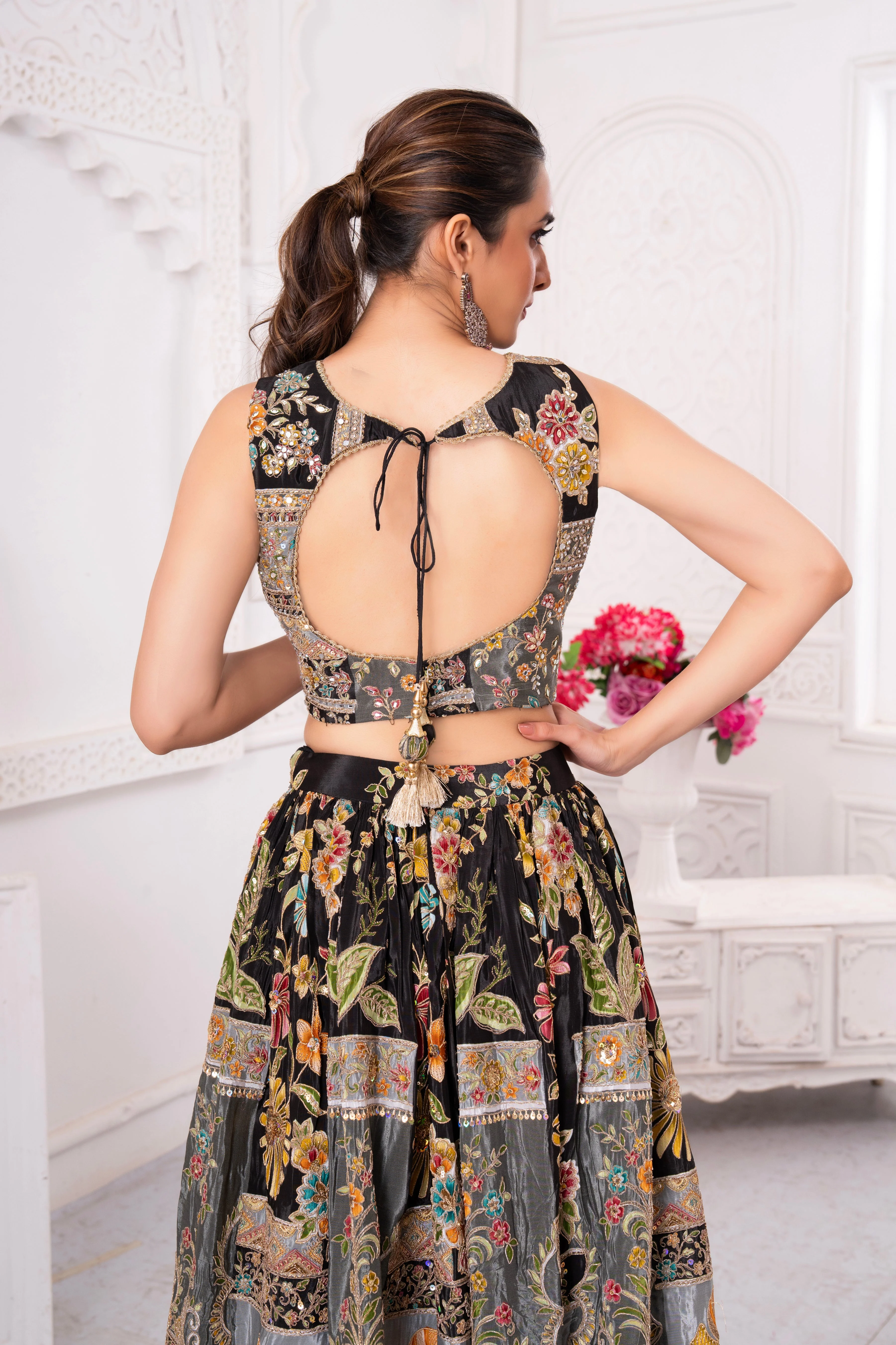 Floral Black Golden Craft Lehenga Set - Image 3