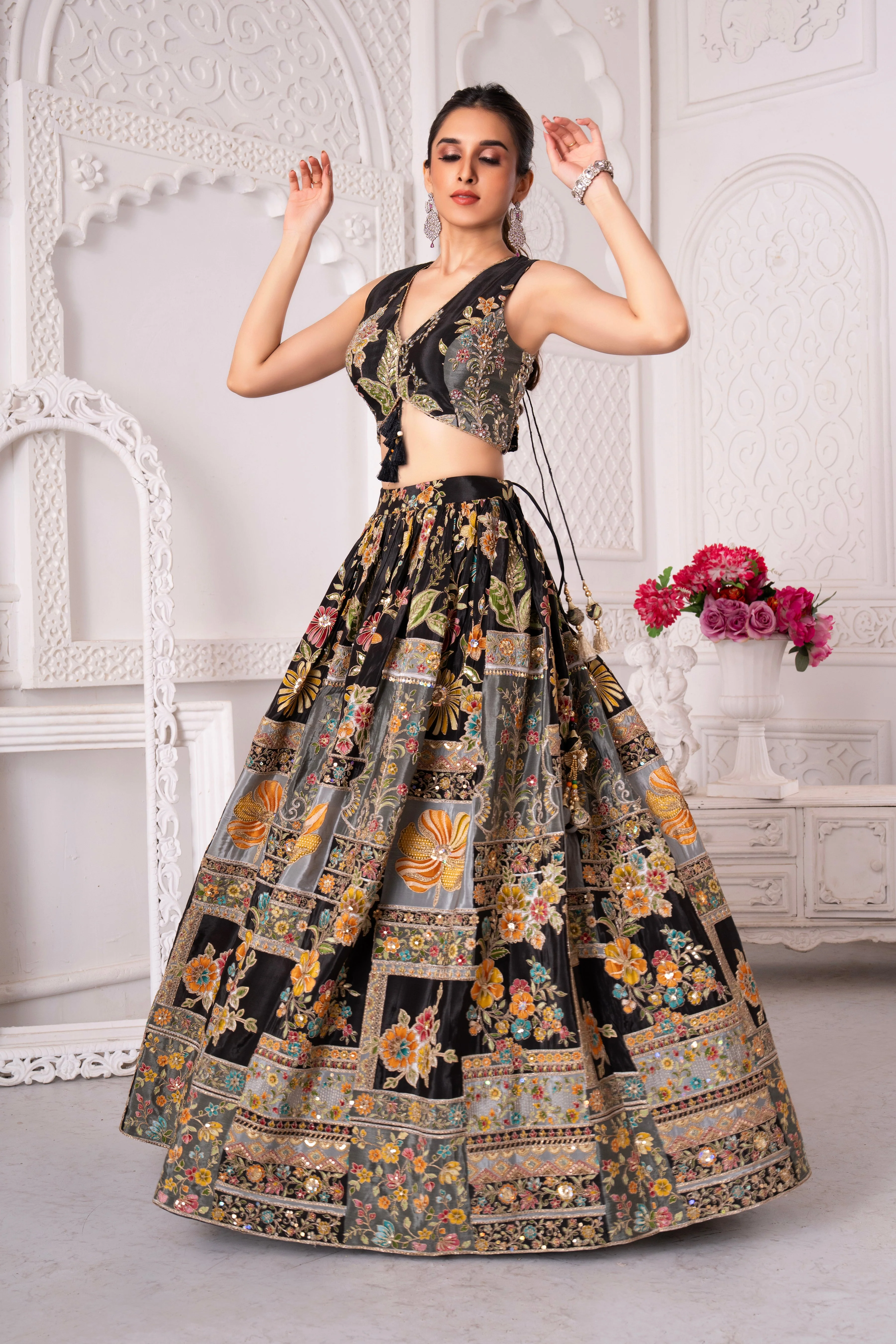 Floral Black Golden Craft Lehenga Set - Image 4