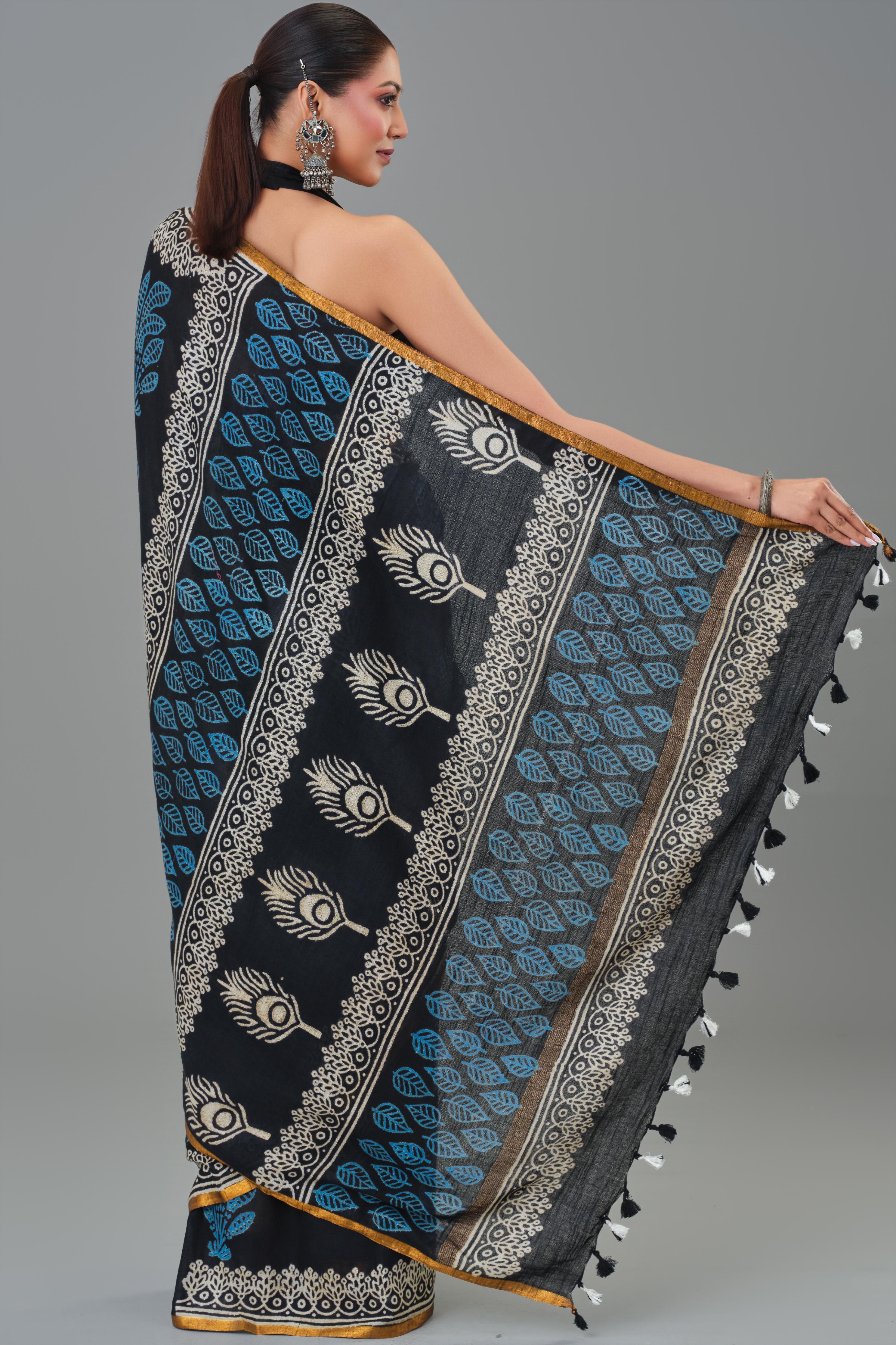 Cozy Black Dabu Hand Block Printed Linen Saree - Image 3