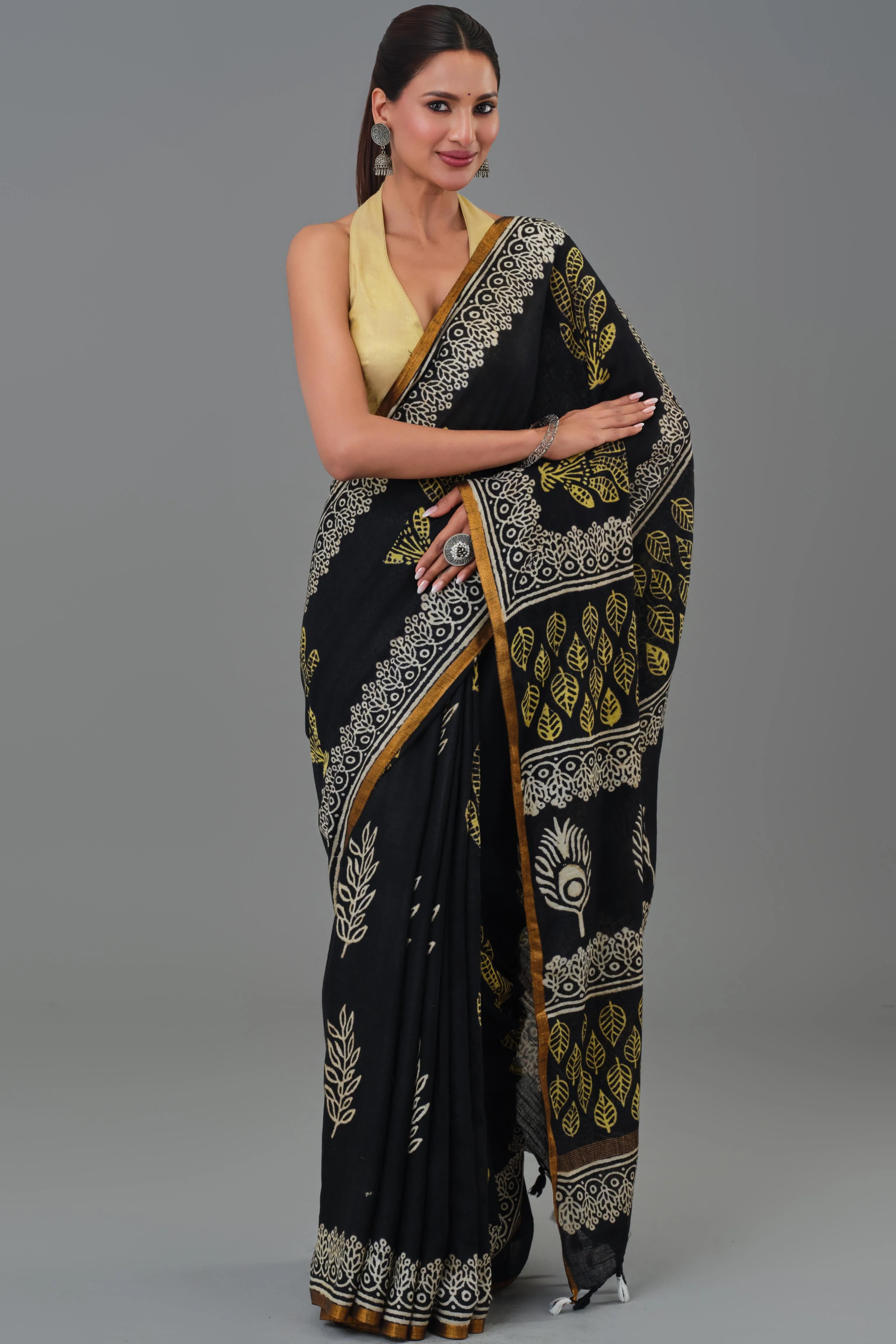 Black Dabu Hand Block Printed Linen Saree - Image 3