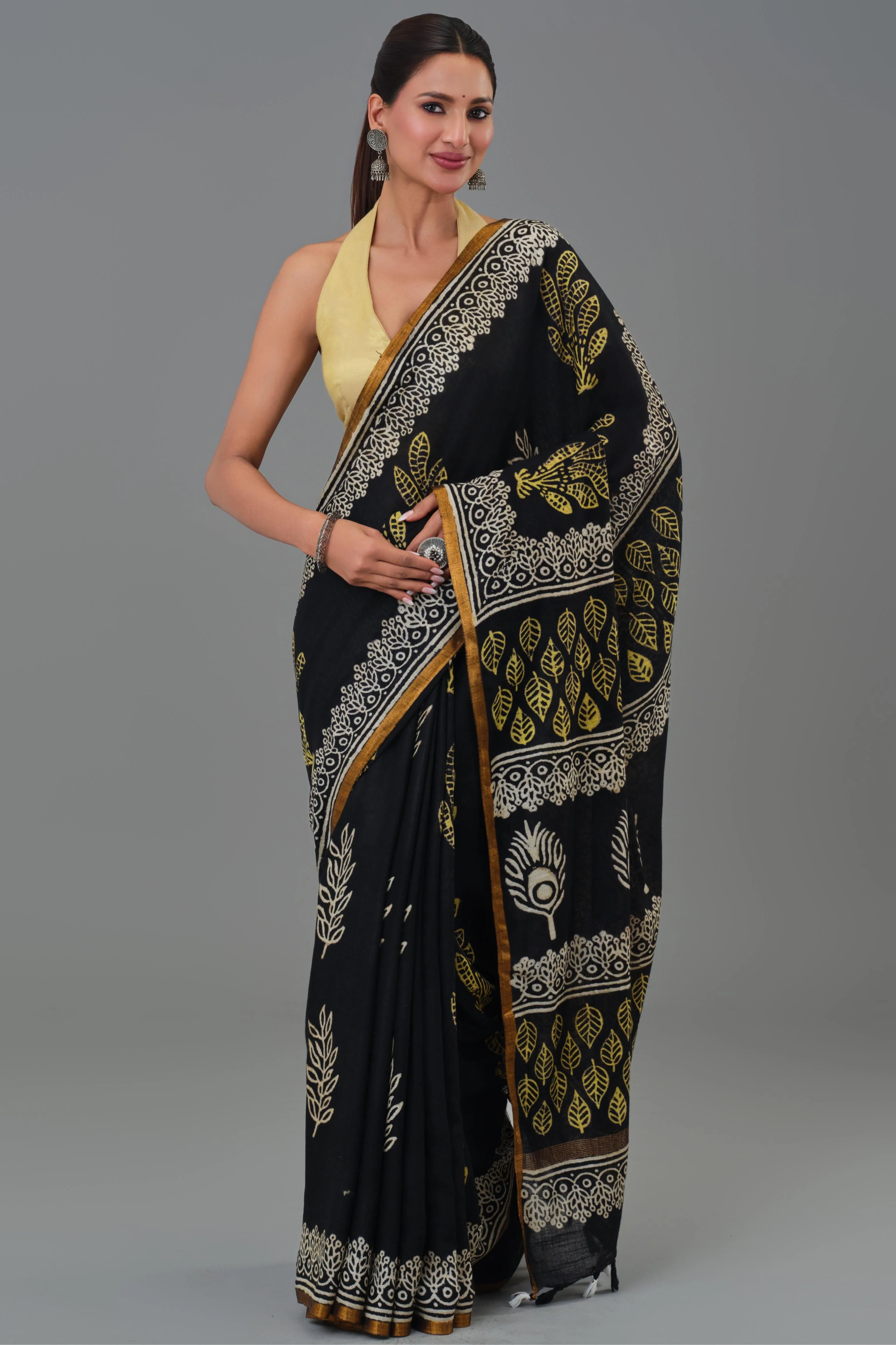 Black Dabu Hand Block Printed Linen Saree - Image 6