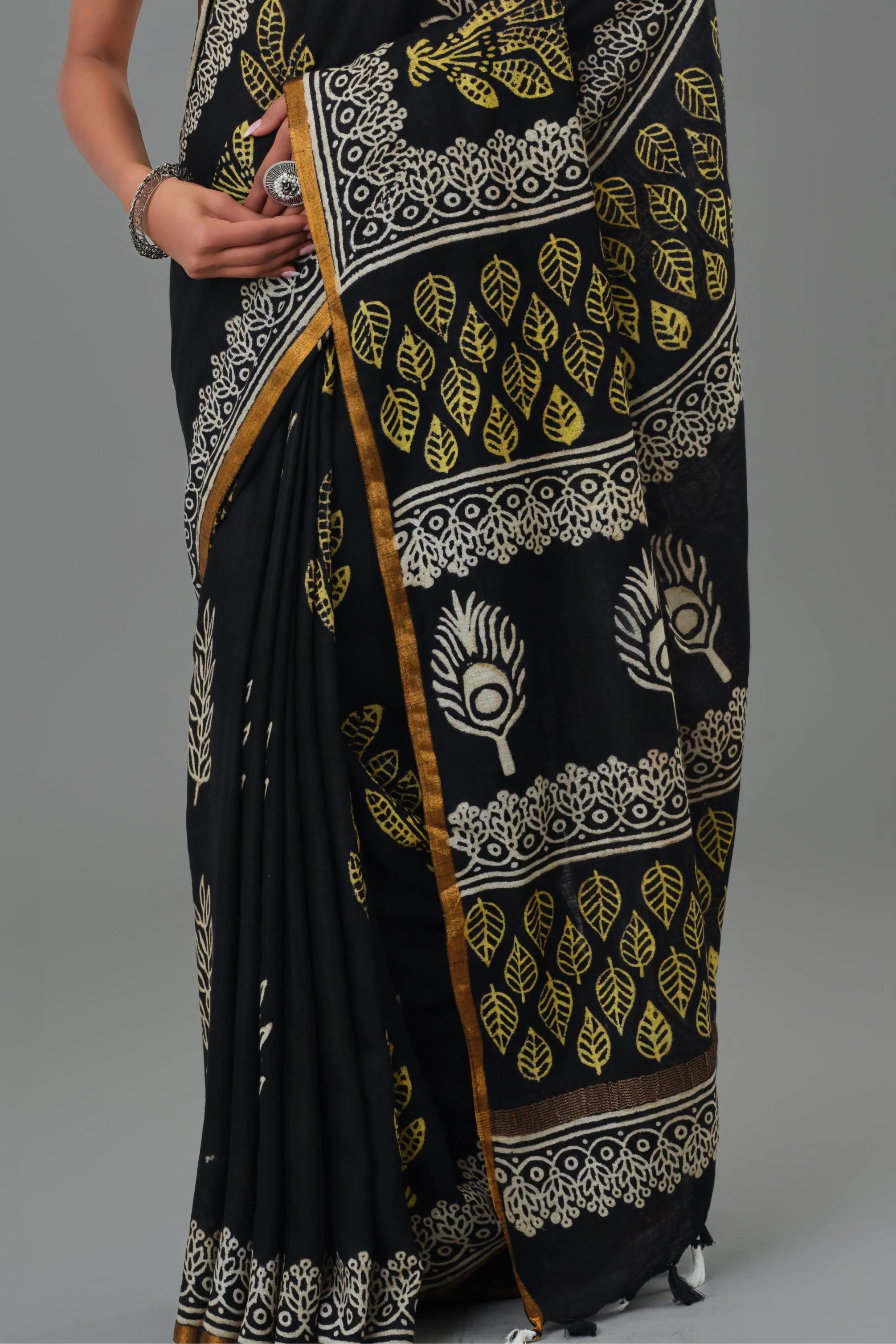 Black Dabu Hand Block Printed Linen Saree - Image 7