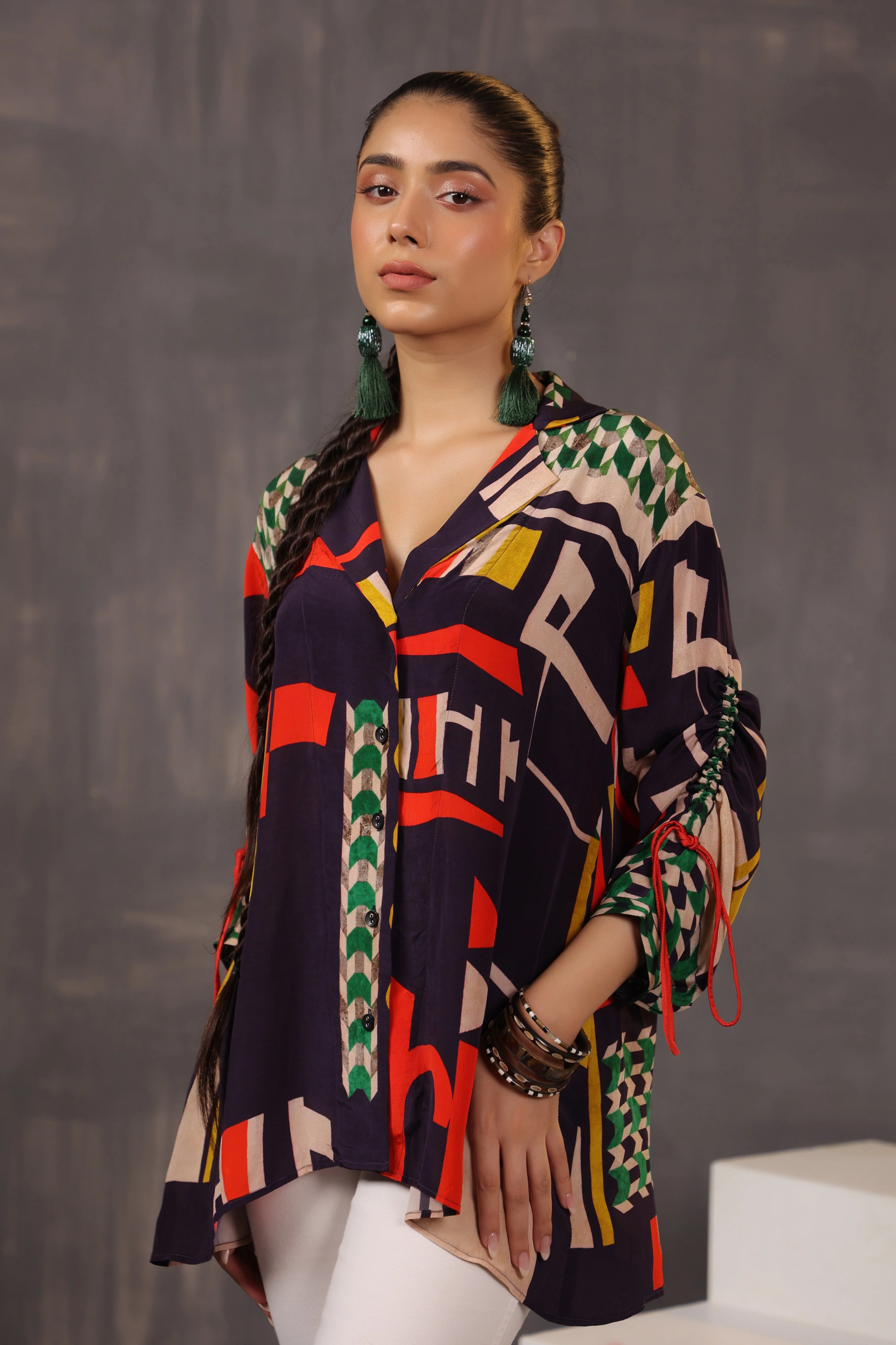 Black Digital Printed Crepe Silk Shirt - Image 3