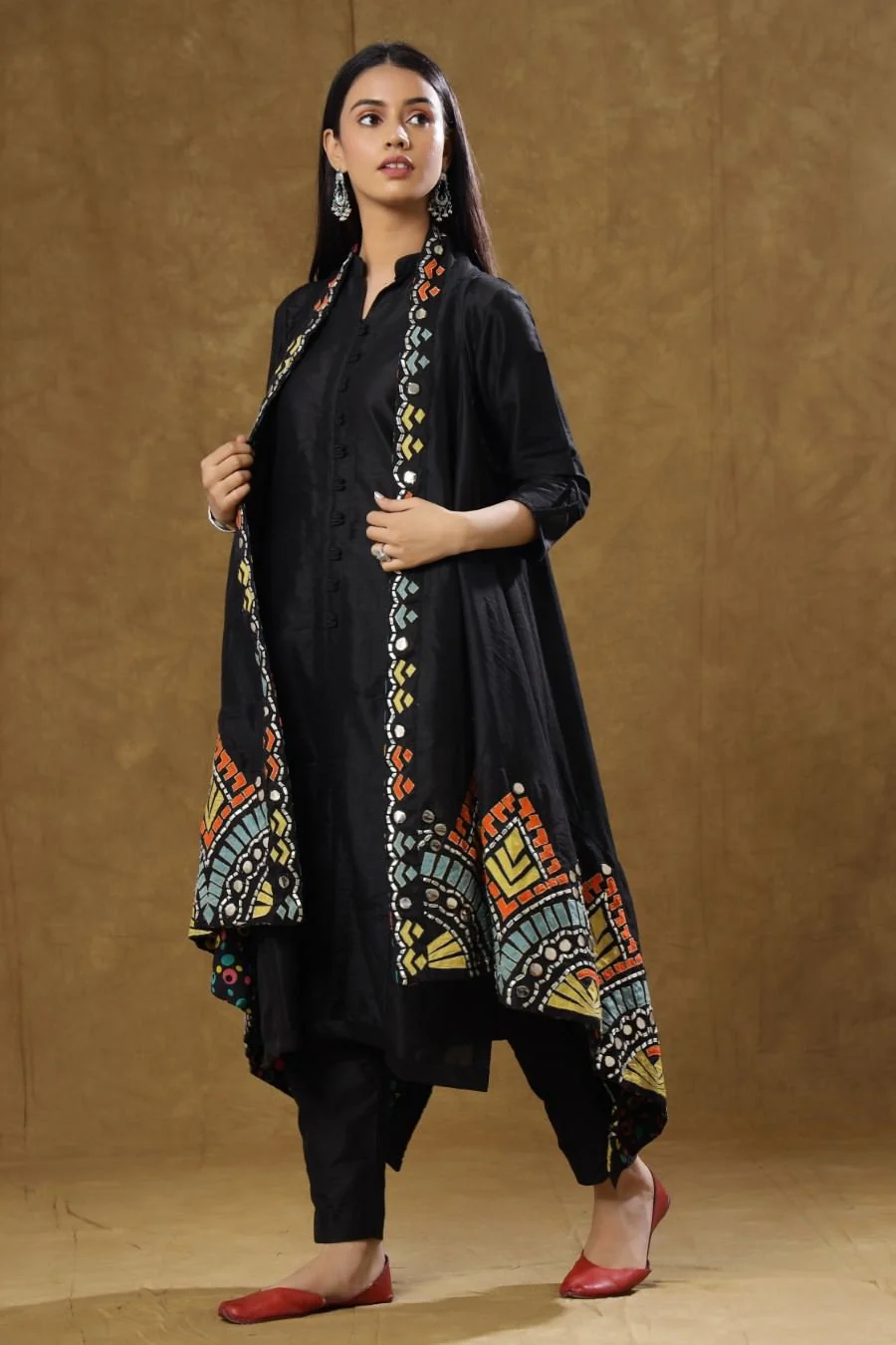 Black Dola Silk Kurta Pant And Jacket Set - Image 5