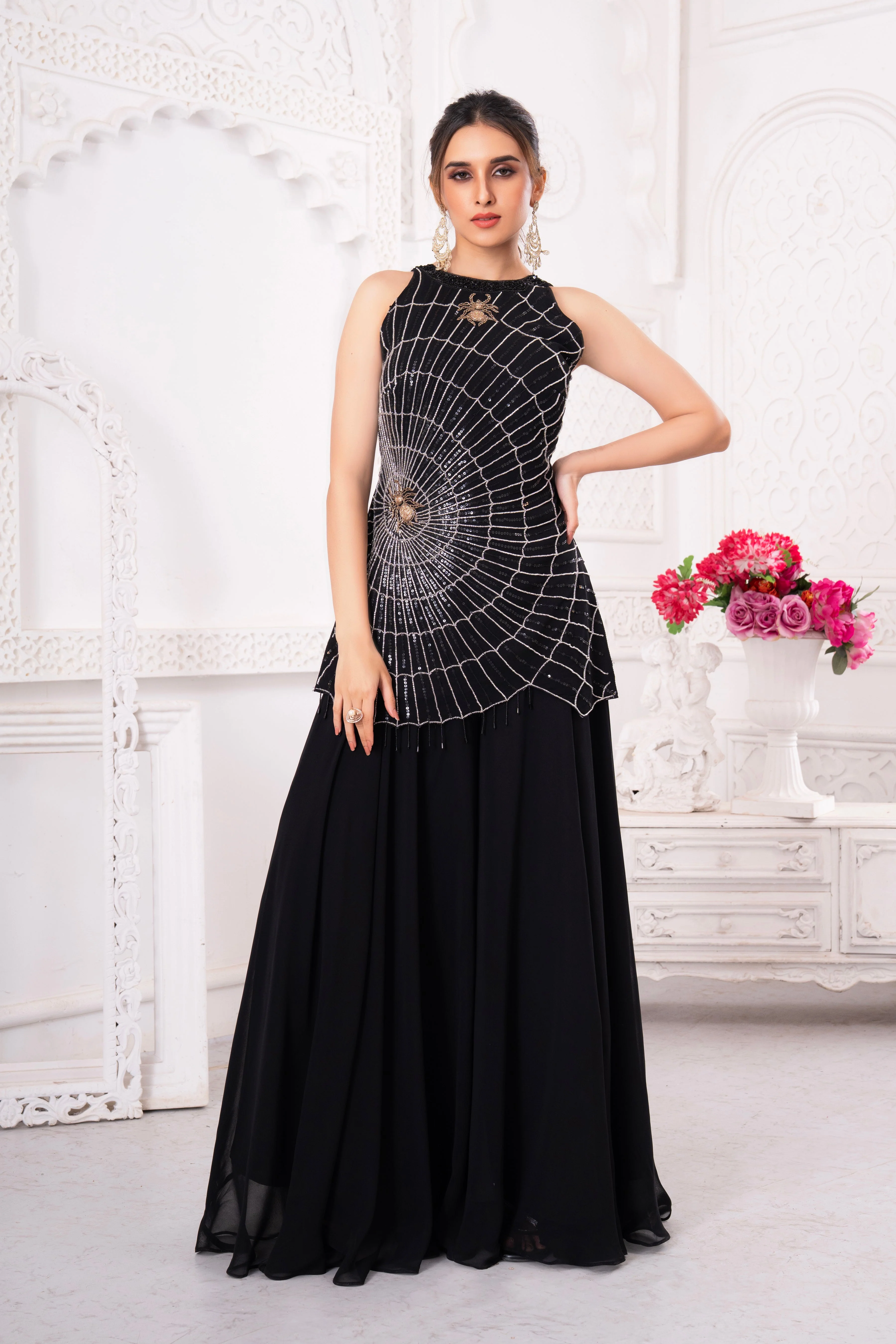 Stylish Black Spider Net Tunic & Palazzo Set