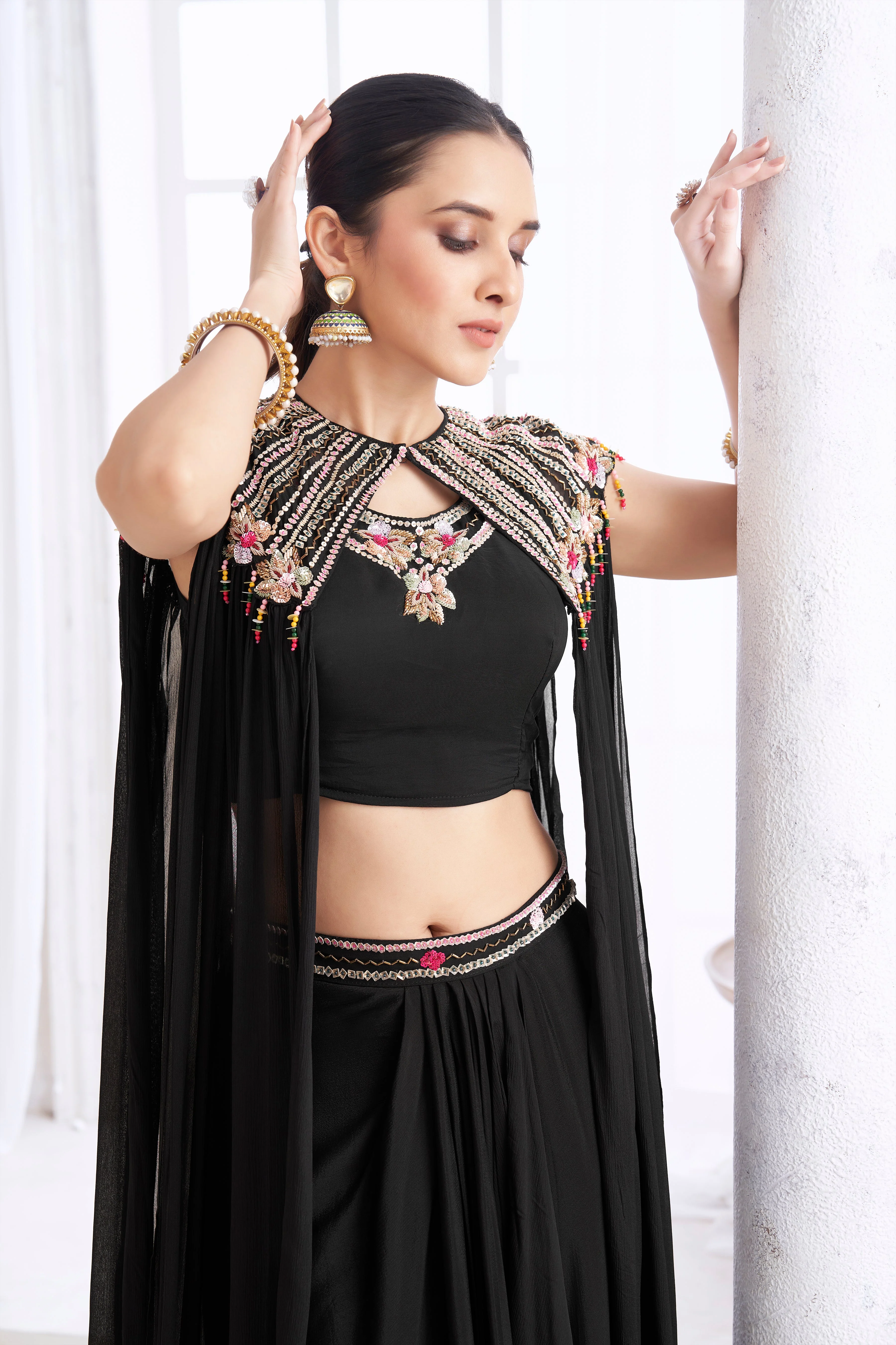 Black Embellished Chinon Silk Cape Set - Image 2