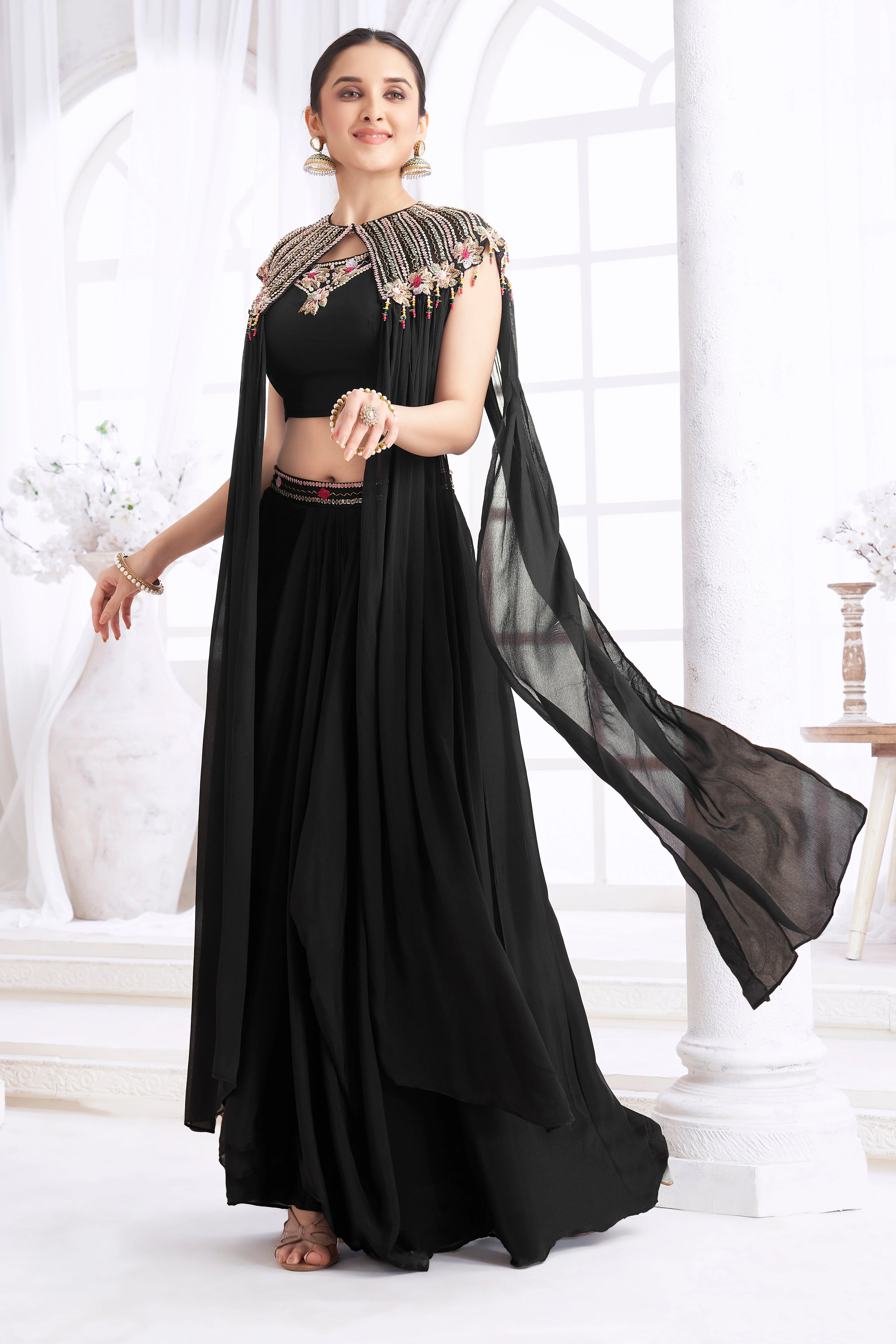 Black Embellished Chinon Silk Cape Set - Image 3