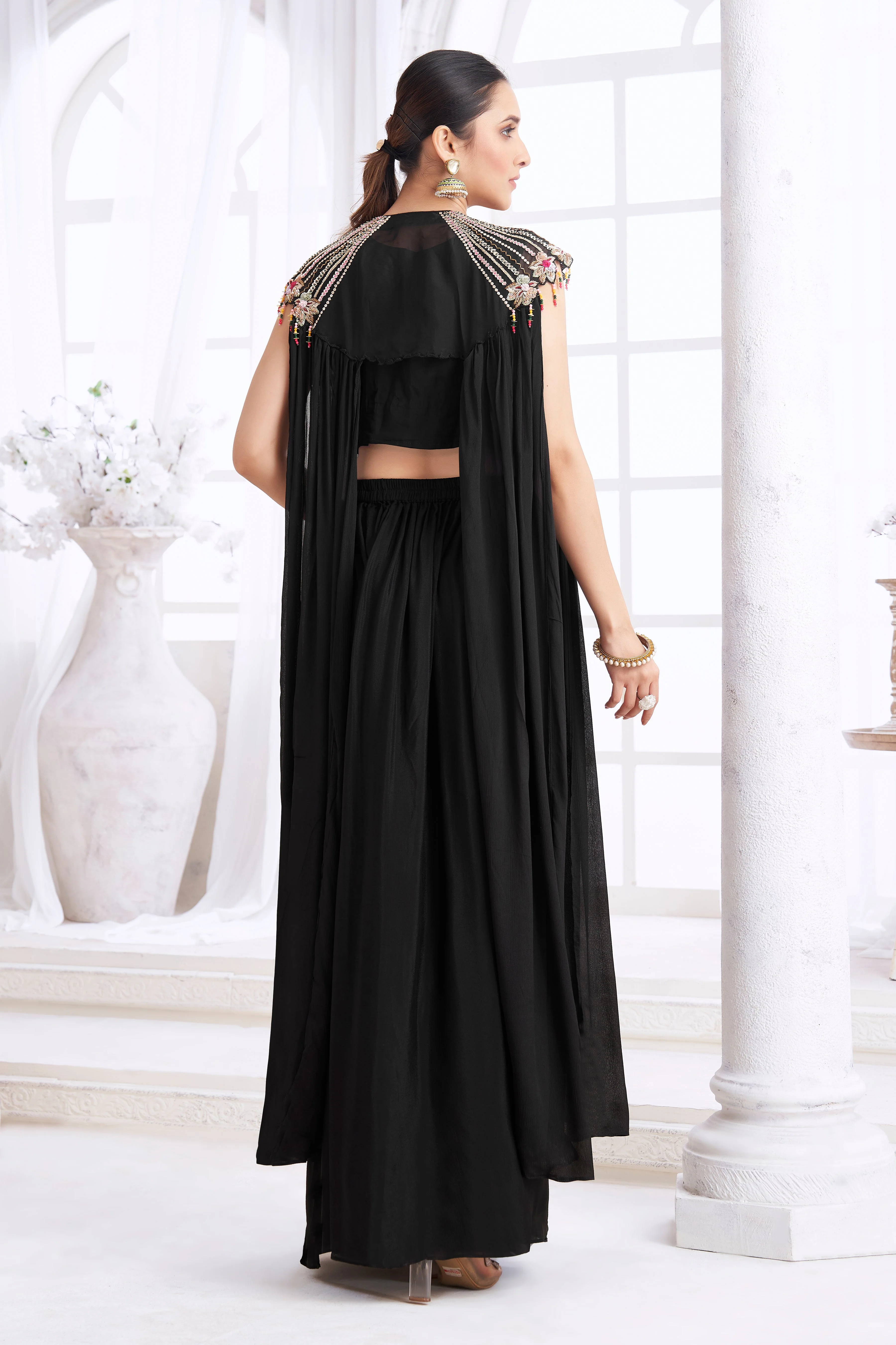 Black Embellished Chinon Silk Cape Set - Image 4