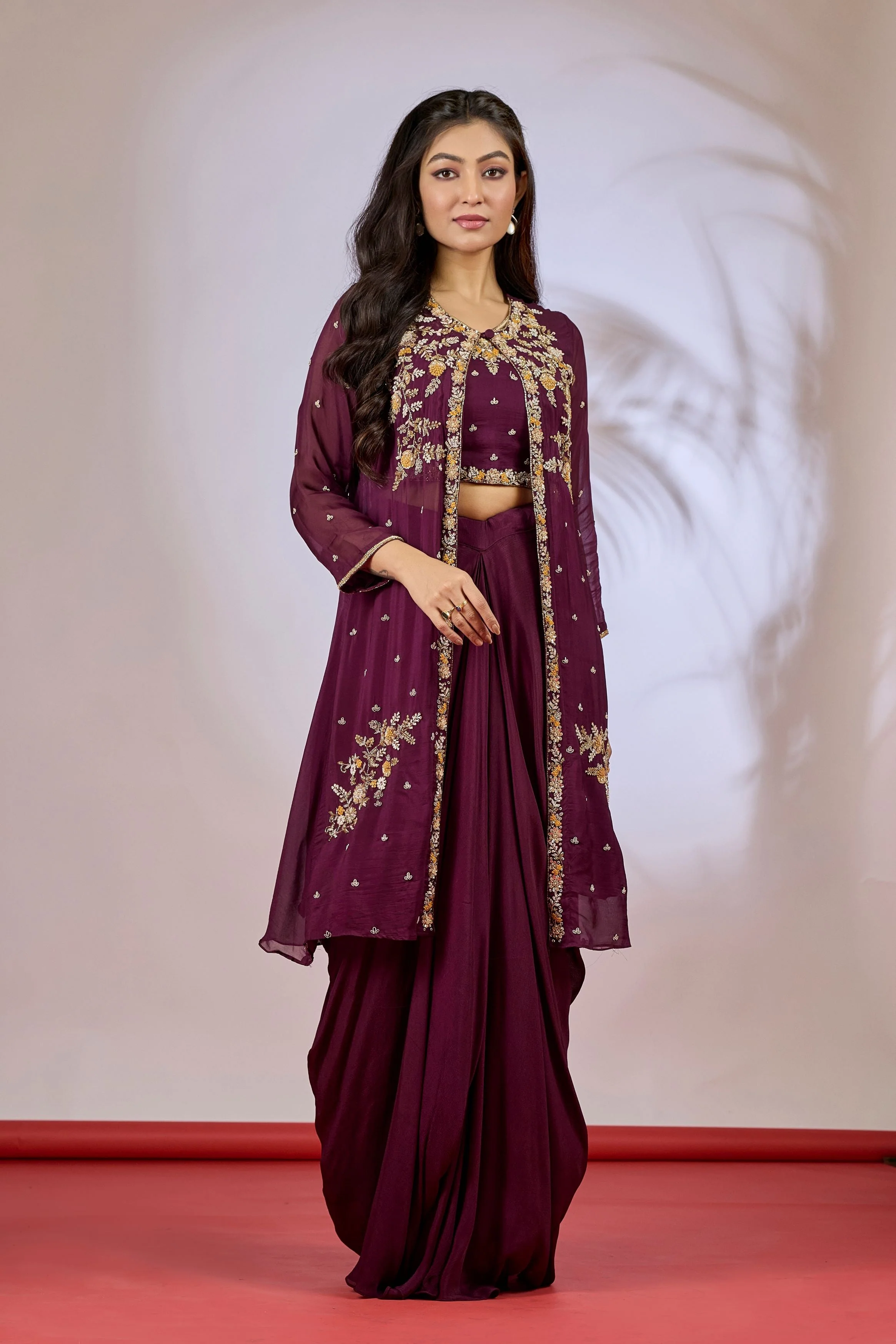 Deep Purple Embellished Chinon Silk Cape Set - Image 3