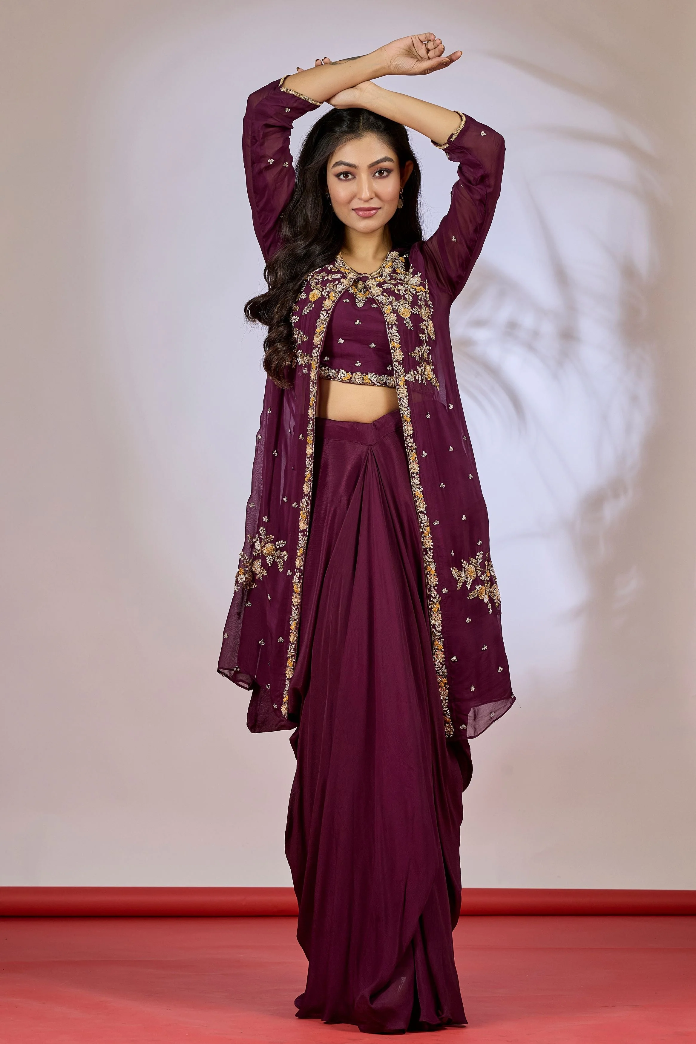 Deep Purple Embellished Chinon Silk Cape Set - Image 4