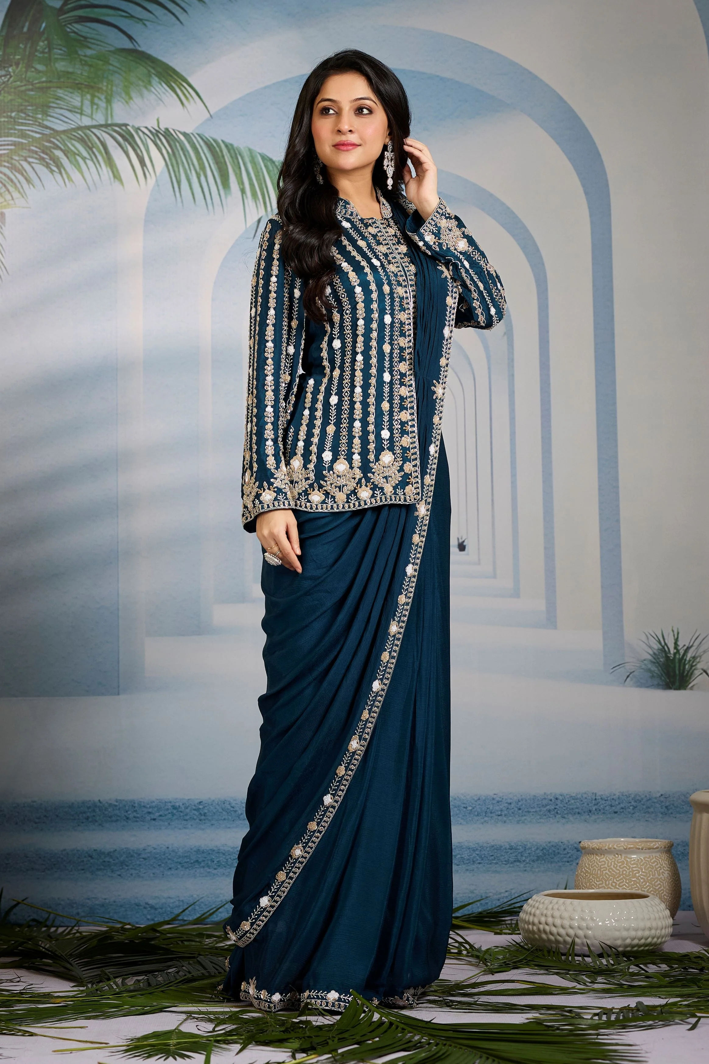 Deep Teal Embellished Chinon Silk Draped Saree - Image 3