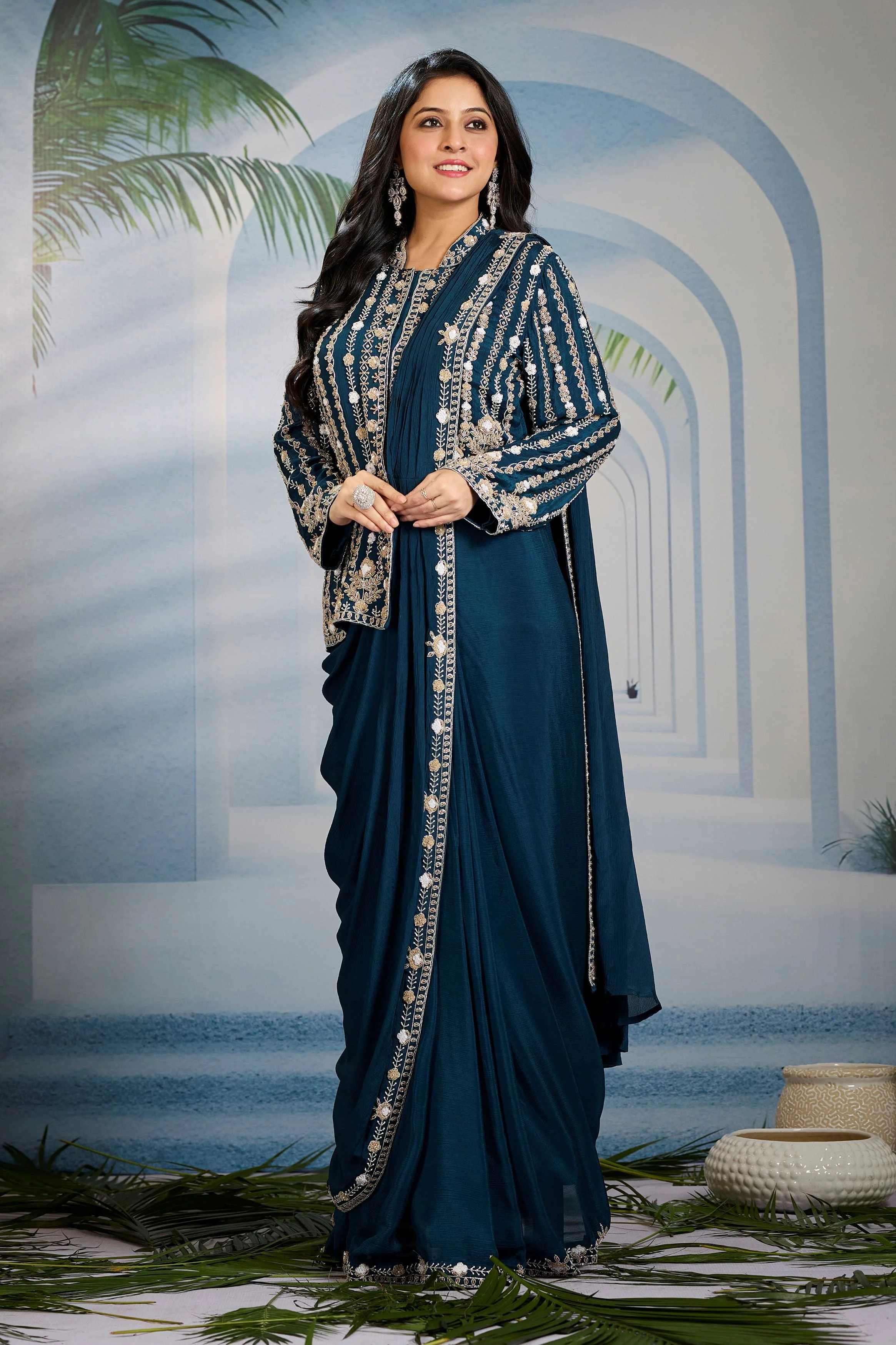 Deep Teal Embellished Chinon Silk Draped Saree - Image 4