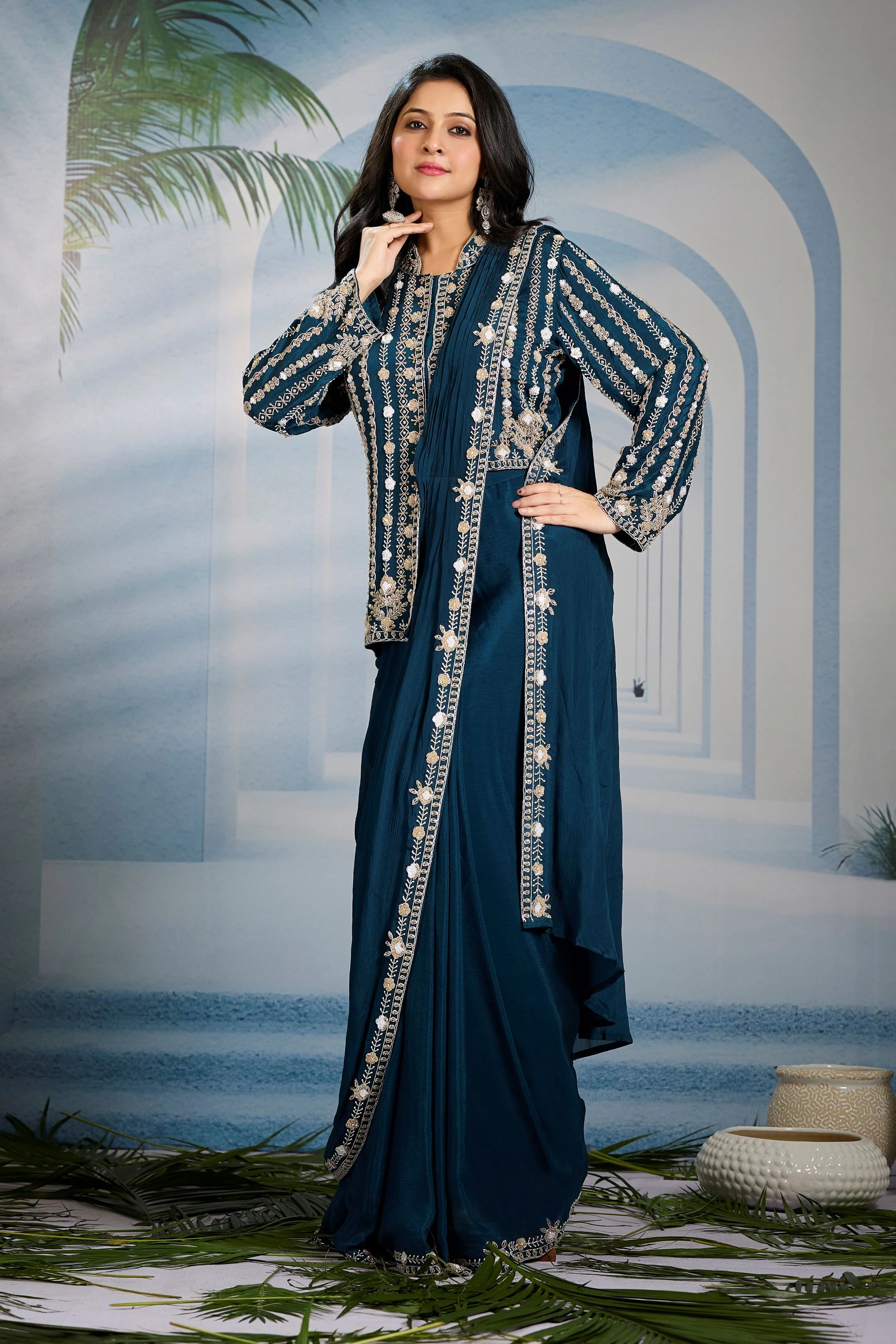 Deep Teal Embellished Chinon Silk Draped Saree - Image 5