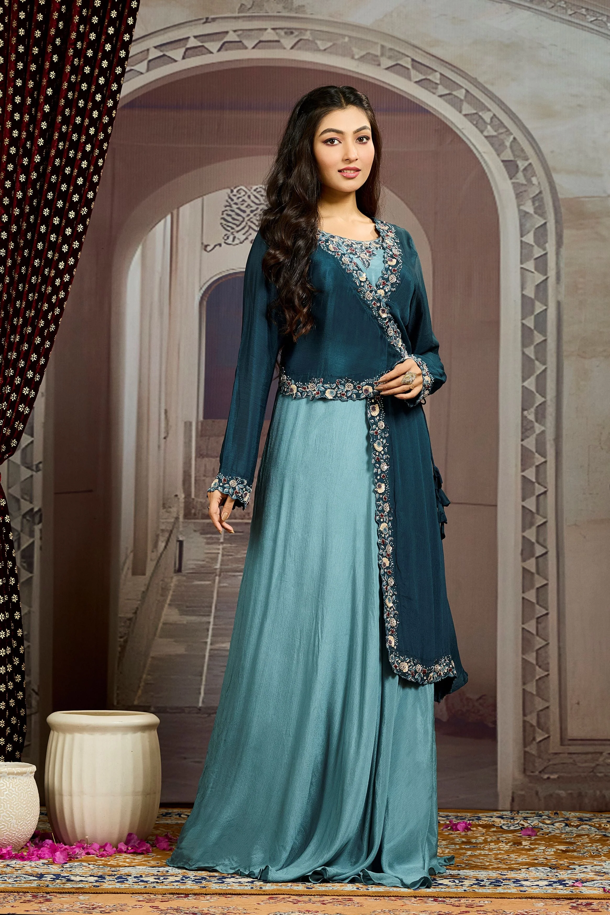 Deep Teal Embellished Chinon Silk Gown - Image 3