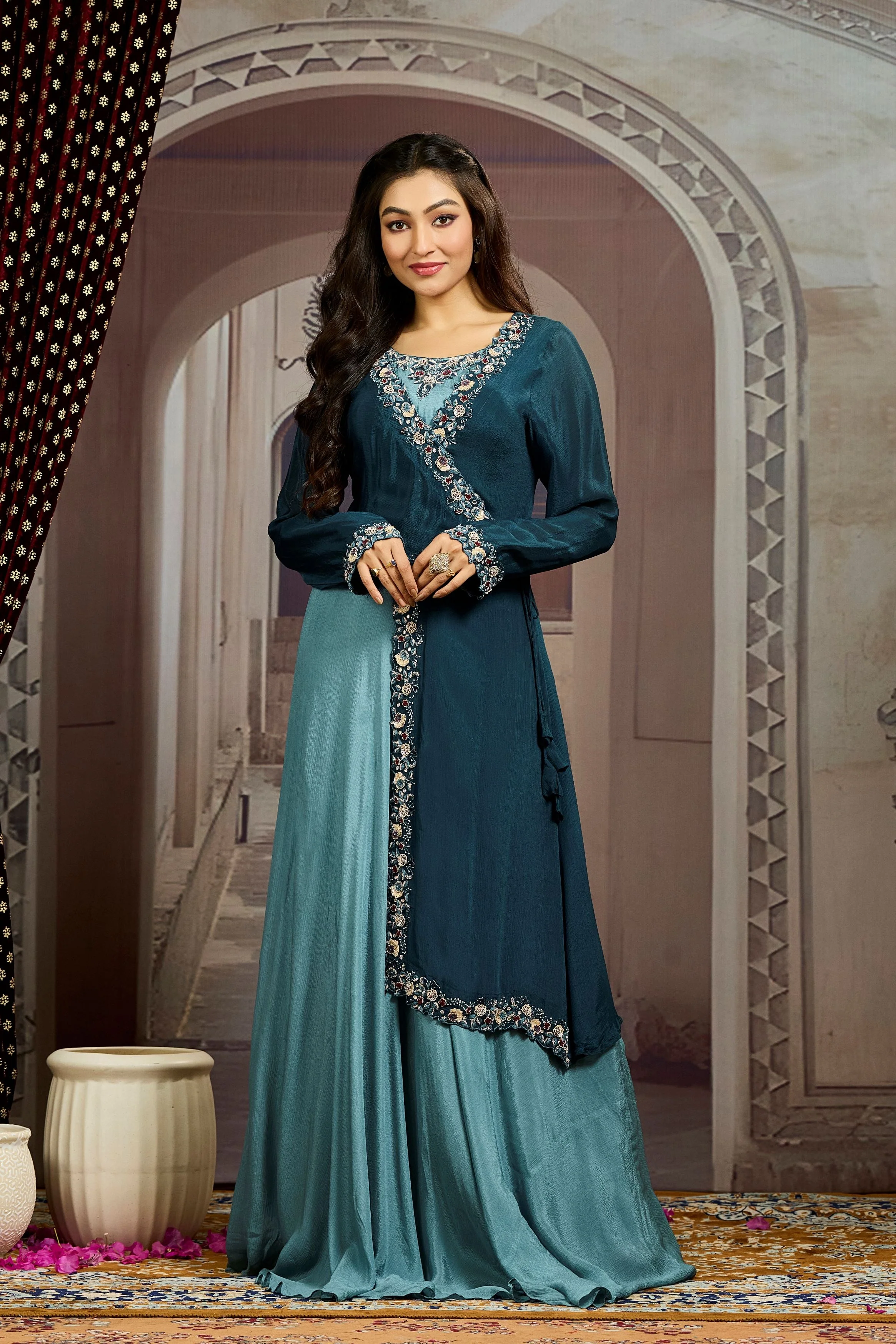 Deep Teal Embellished Chinon Silk Gown - Image 4