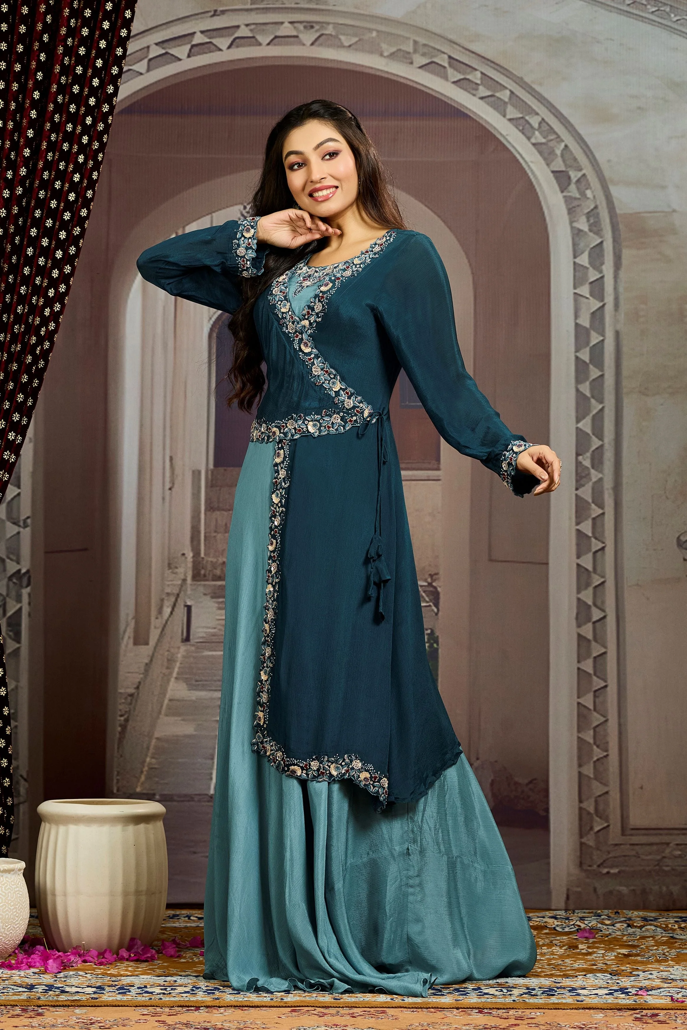Deep Teal Embellished Chinon Silk Gown - Image 5