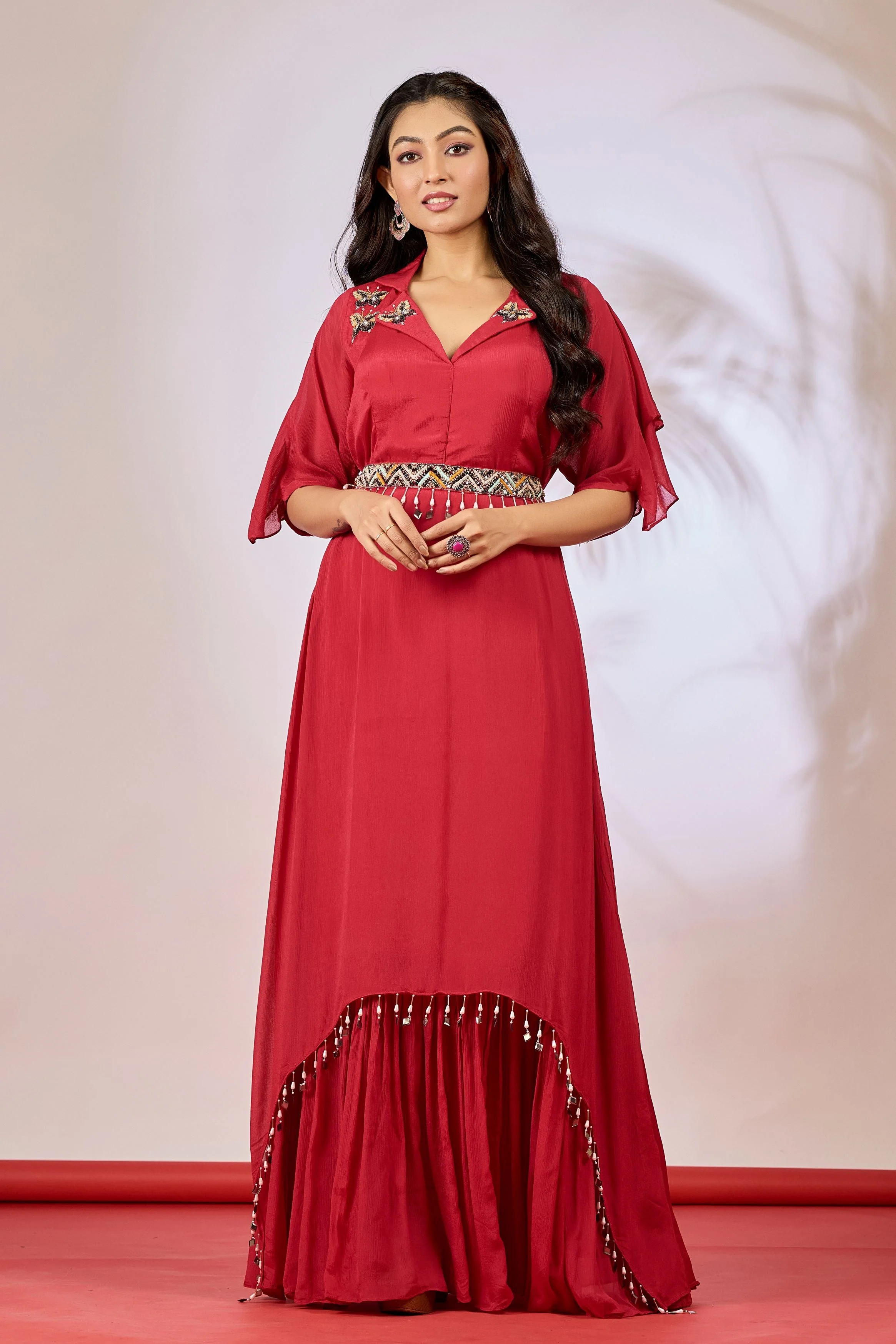 Red Embellished Chinon Silk Gown - Image 3