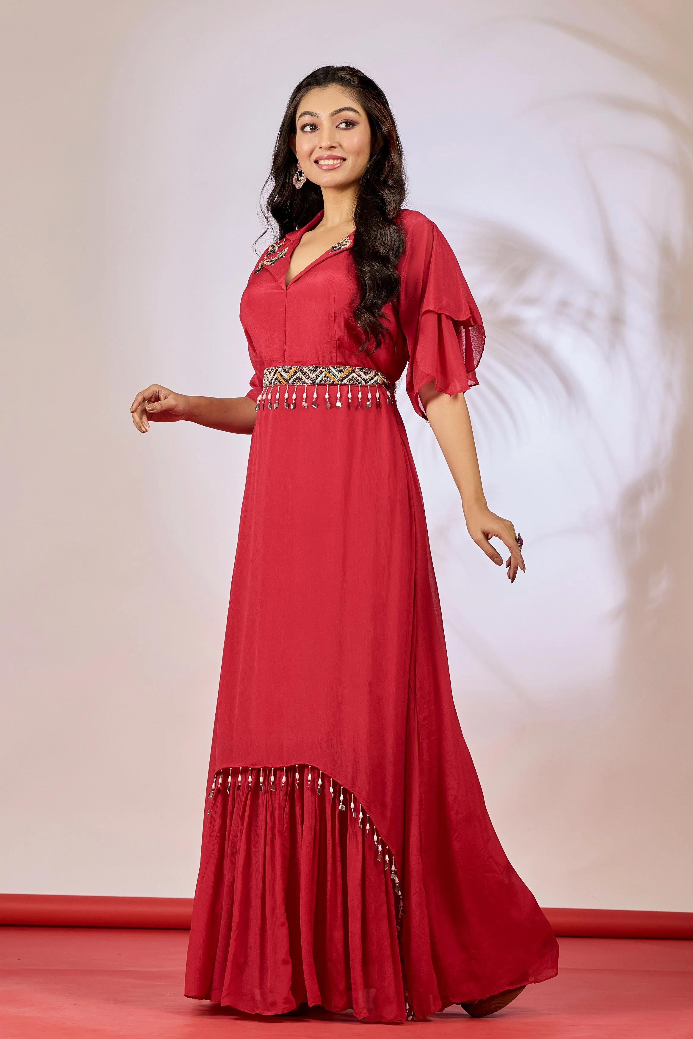 Red Embellished Chinon Silk Gown - Image 4