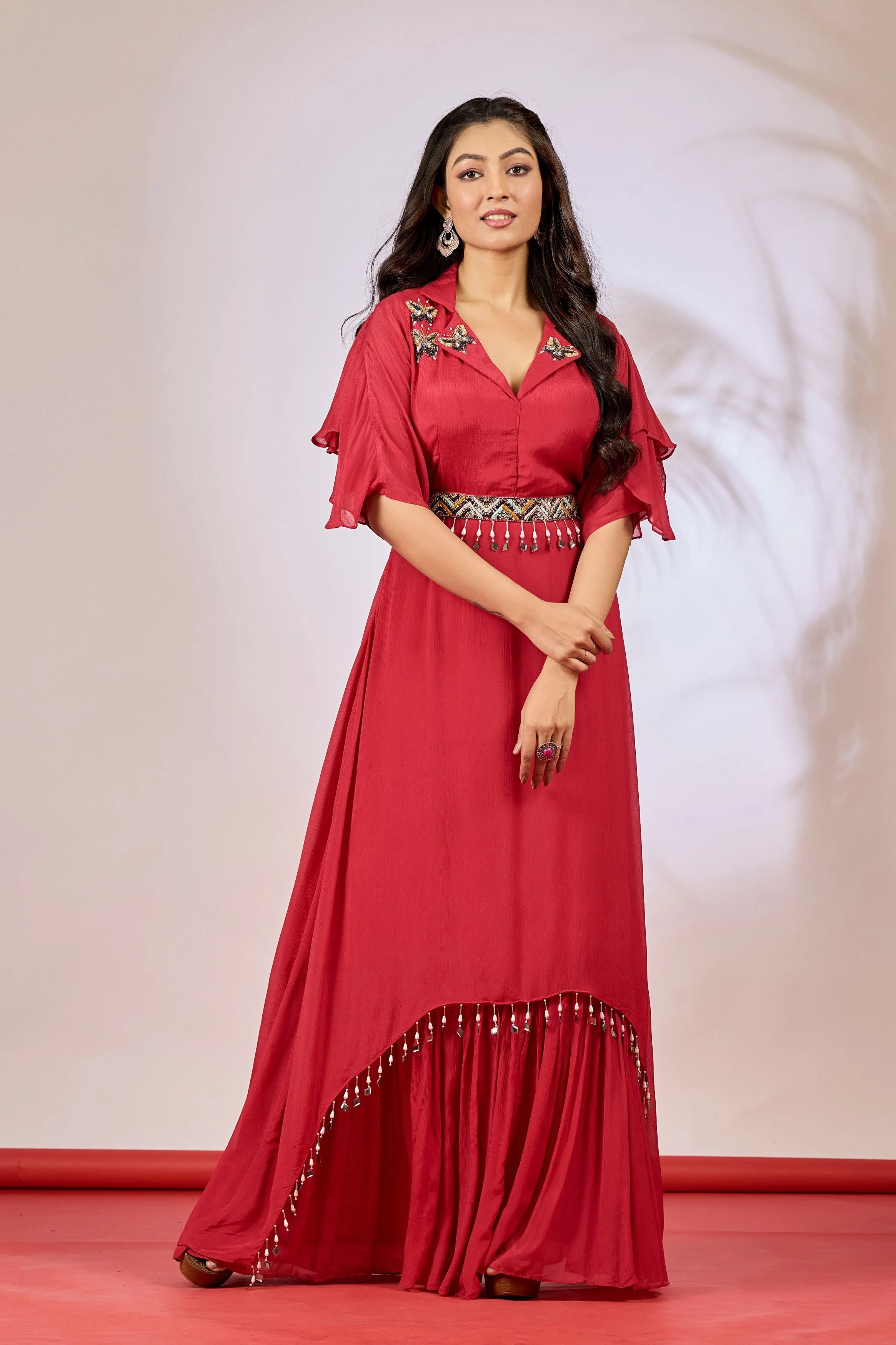 Red Embellished Chinon Silk Gown - Image 5