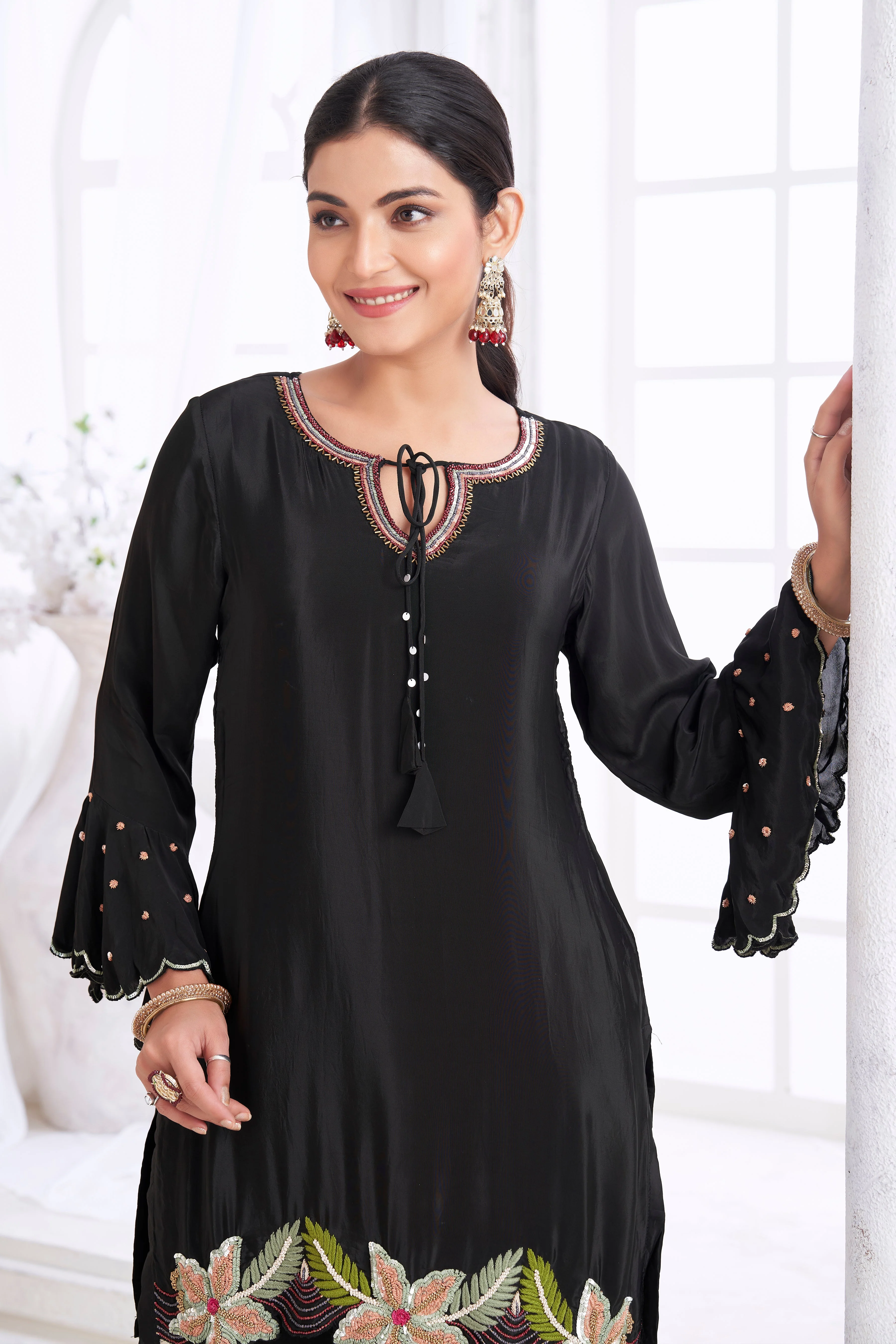 Black Embellished Crepe Silk Palazzo Set - Image 2