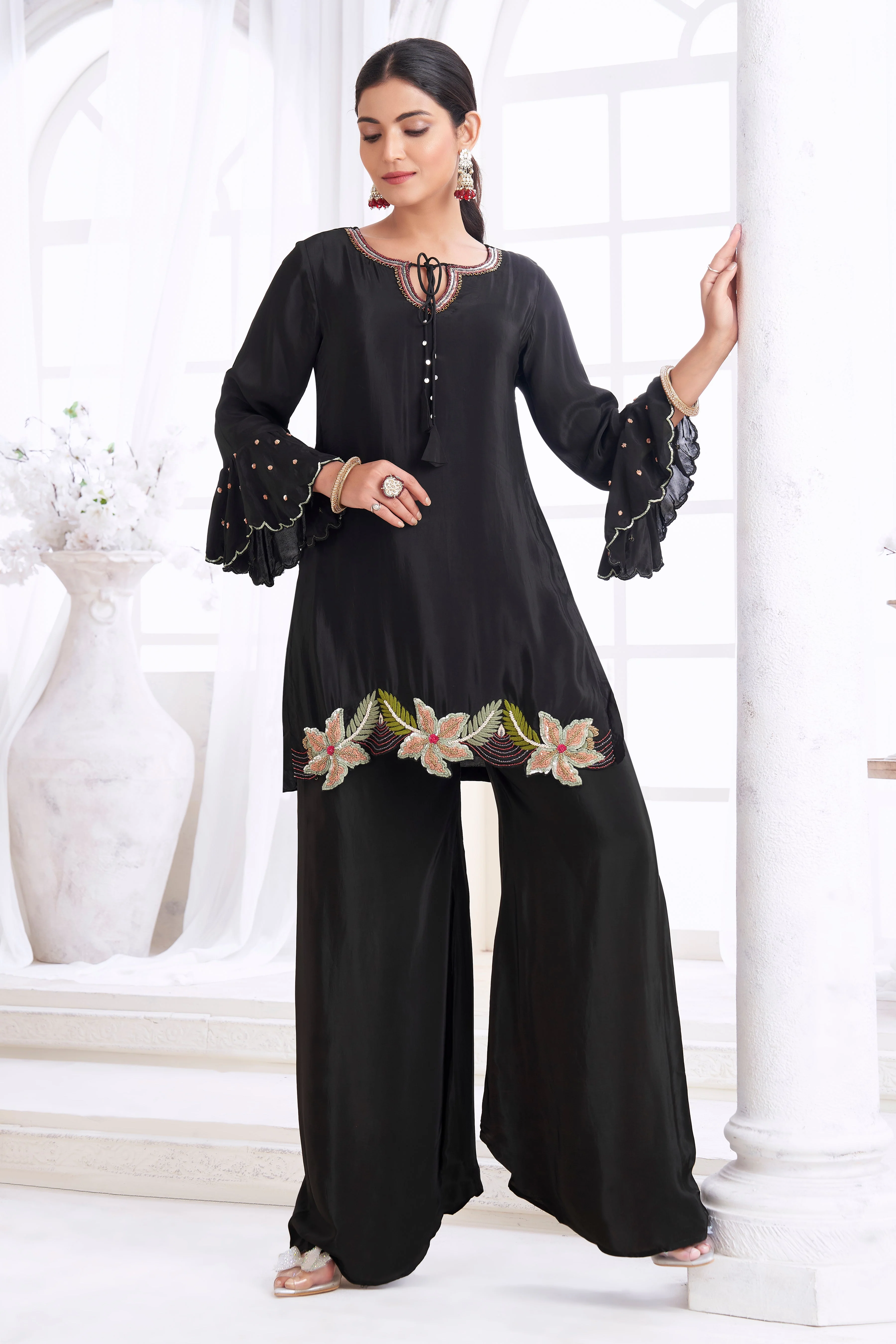 Black Embellished Crepe Silk Palazzo Set - Image 3