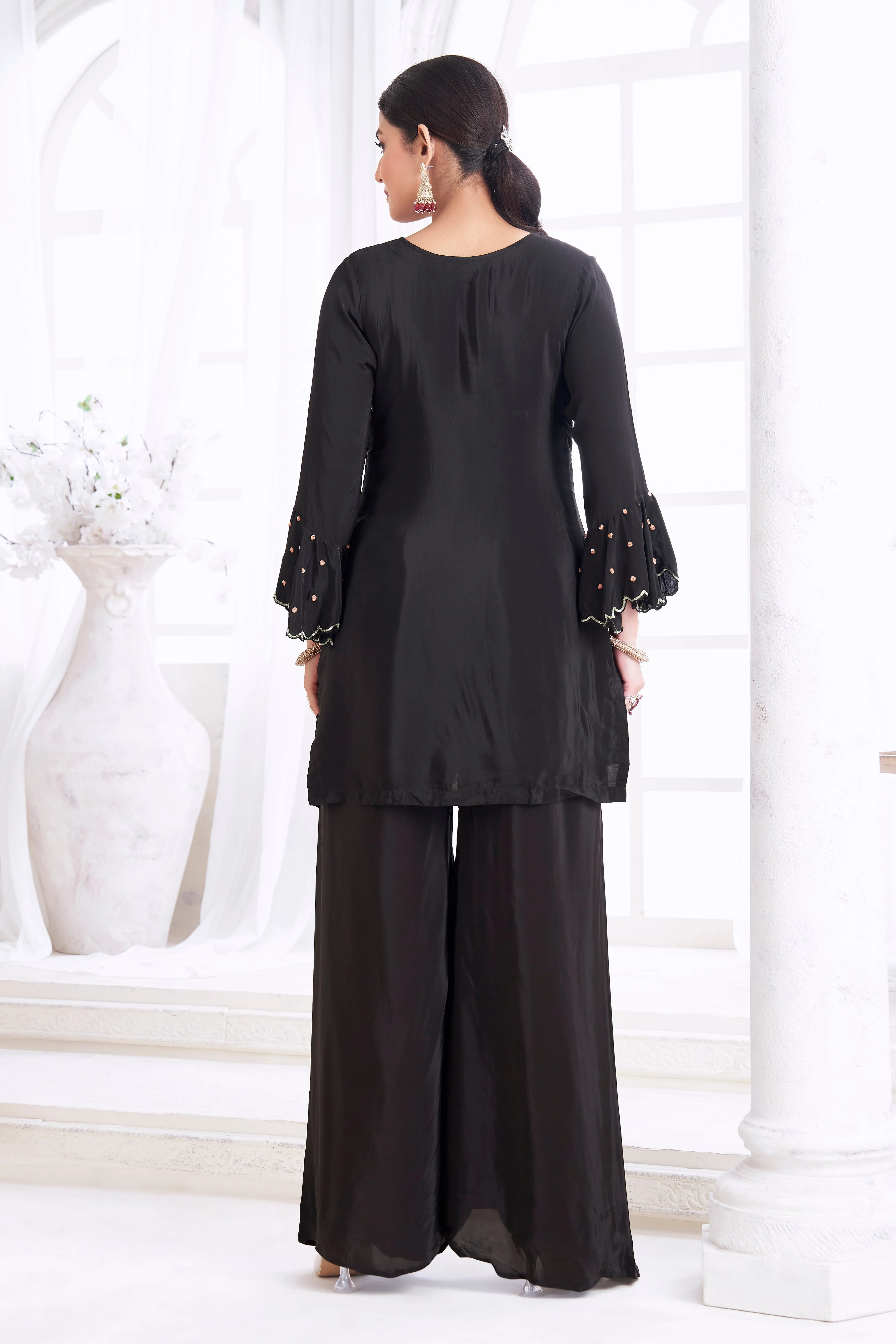 Black Embellished Crepe Silk Palazzo Set - Image 4