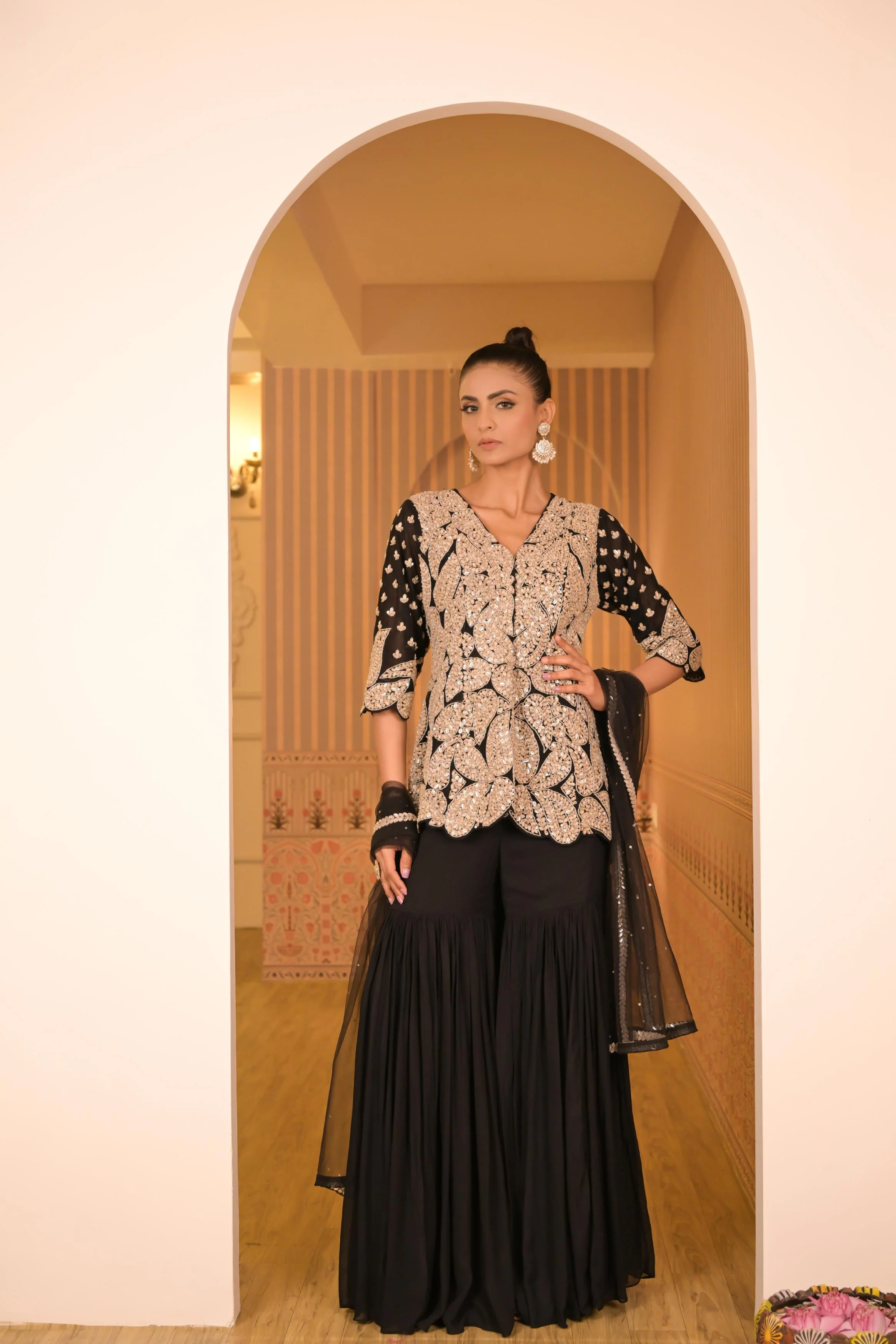 Black Embellished Georgette Silk Sharara Set - Image 4