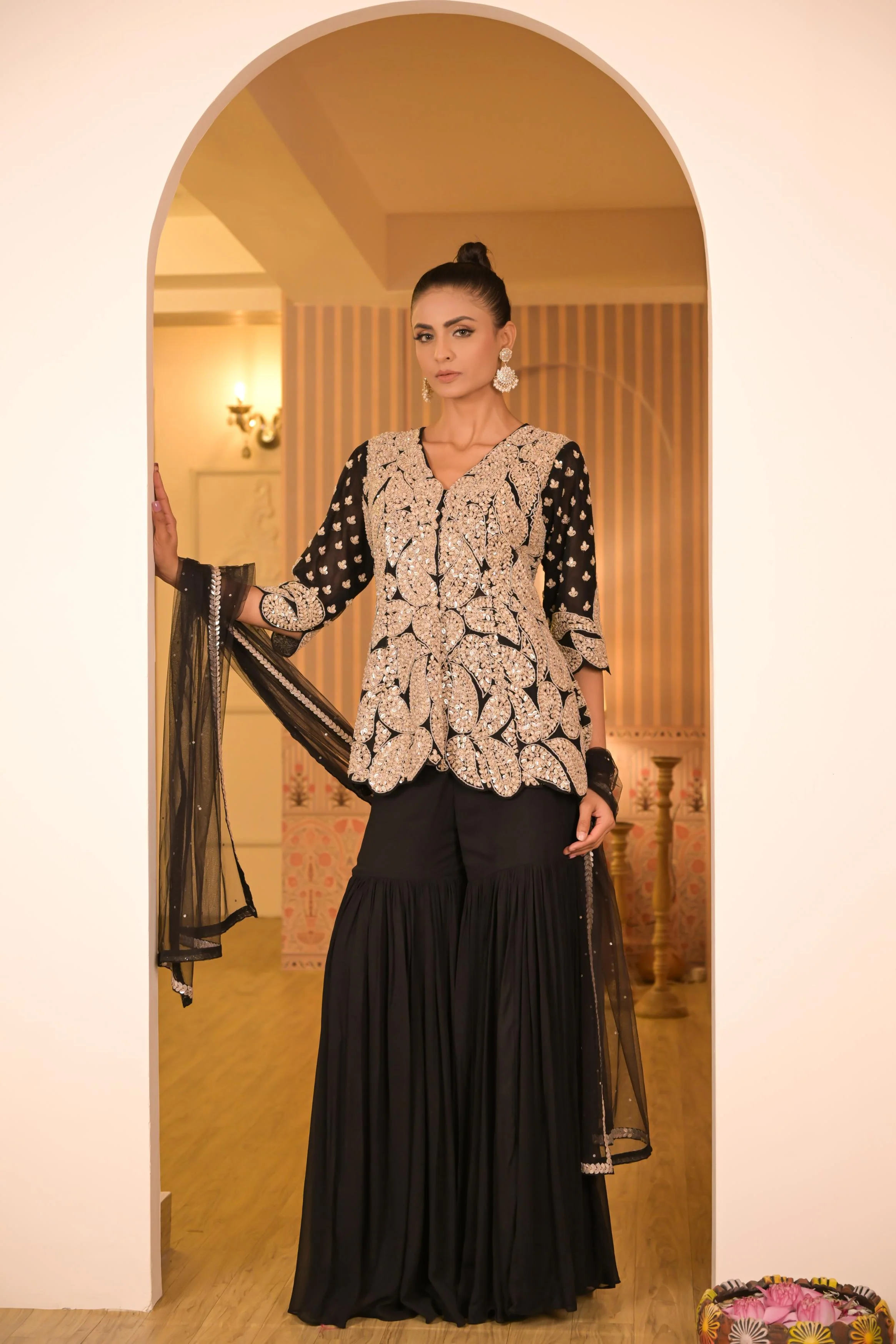 Black Embellished Georgette Silk Sharara Set - Image 5