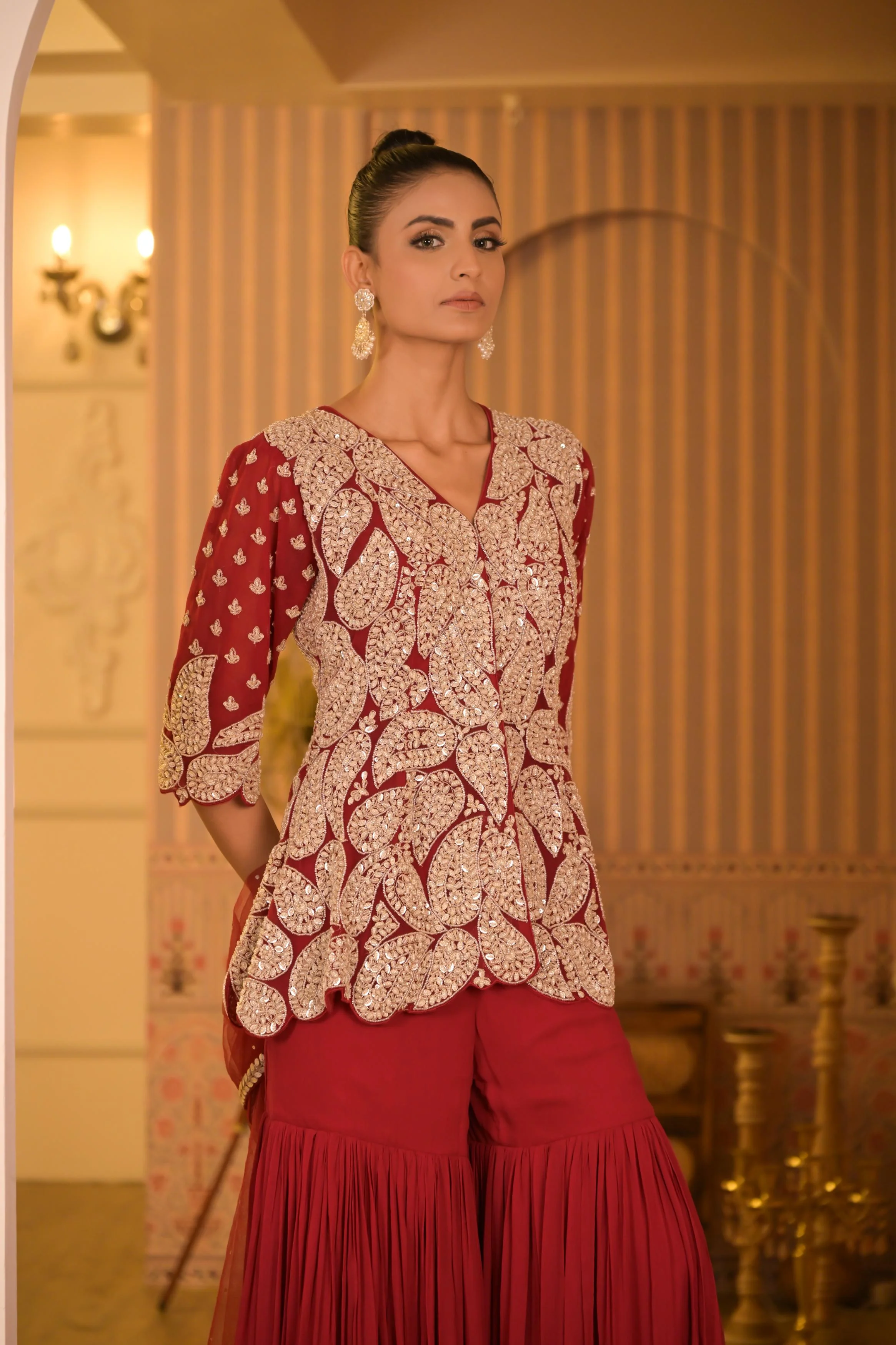 Red Embellished Georgette Silk Sharara Set - Image 2