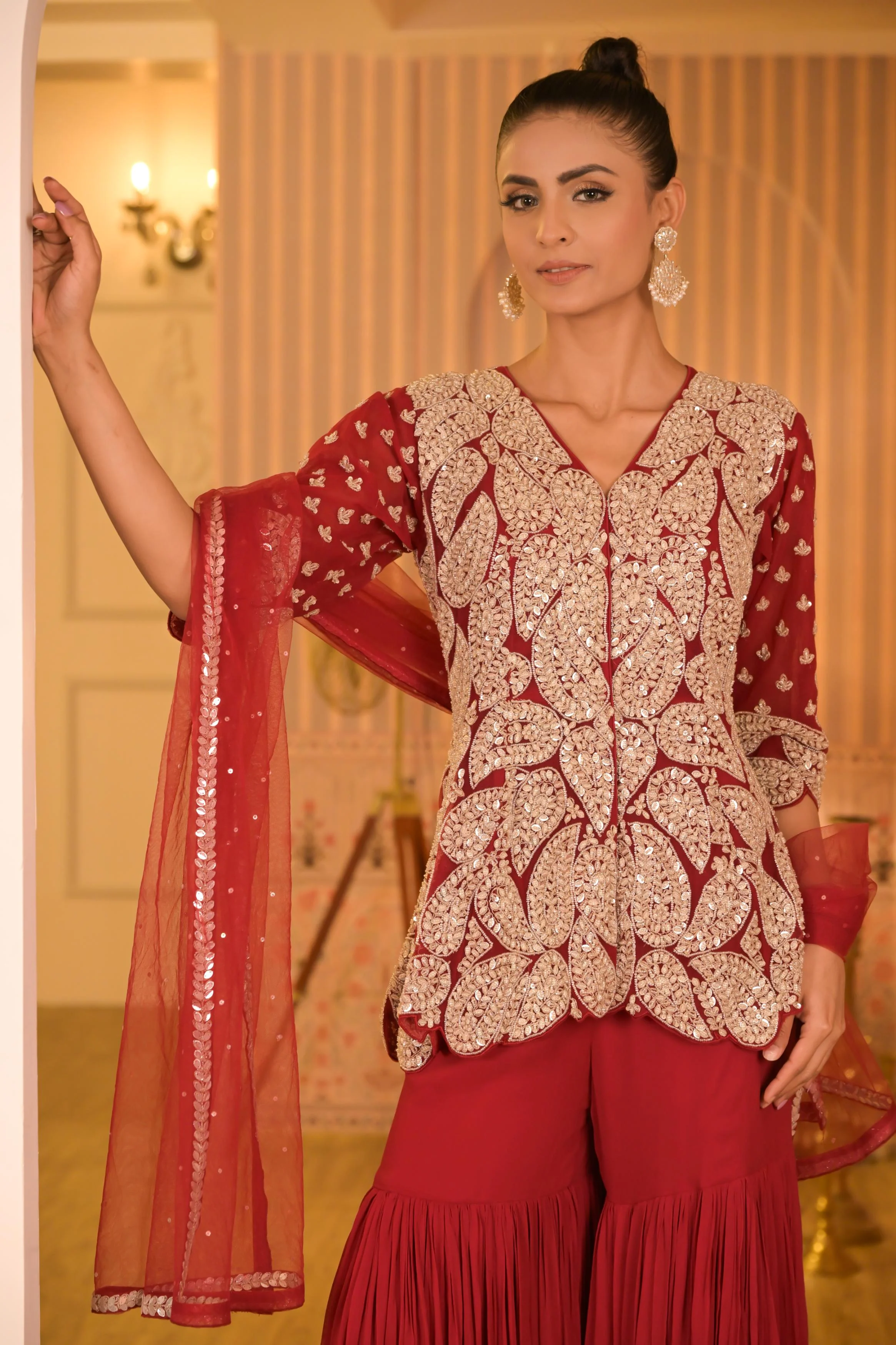 Red Embellished Georgette Silk Sharara Set - Image 3