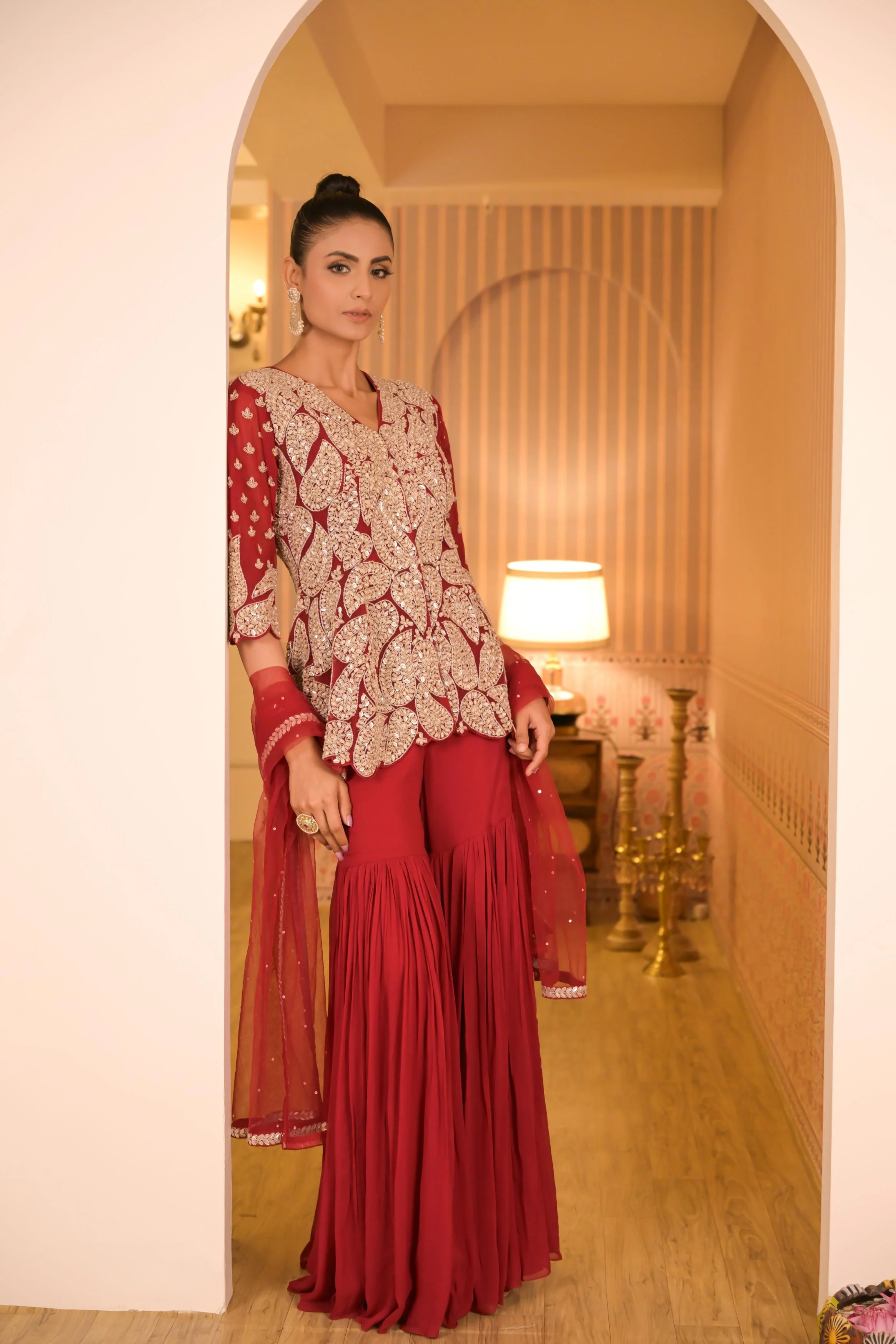 Red Embellished Georgette Silk Sharara Set - Image 4