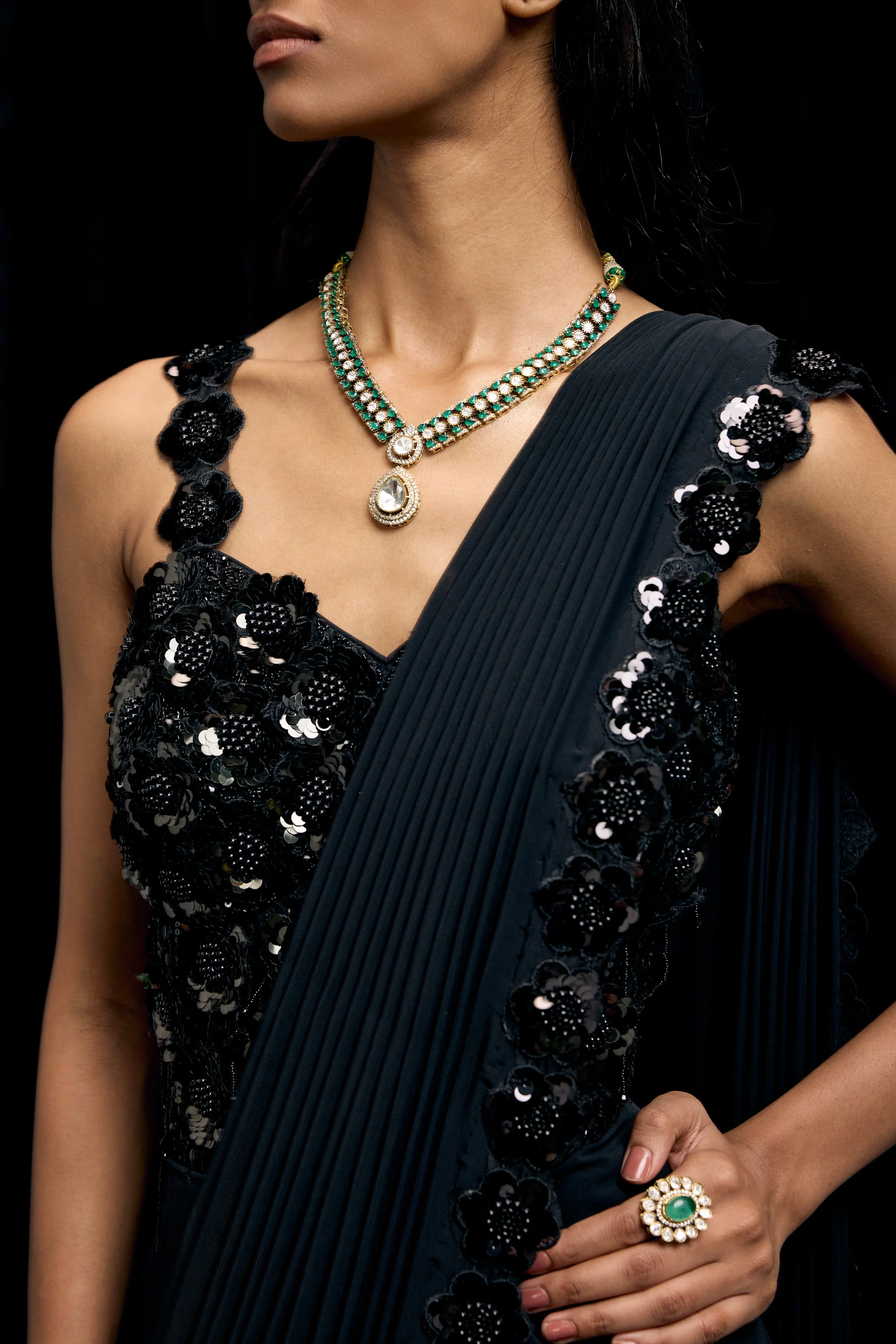 Obsidian Black Embellished Premium Lycra Gown - Image 2