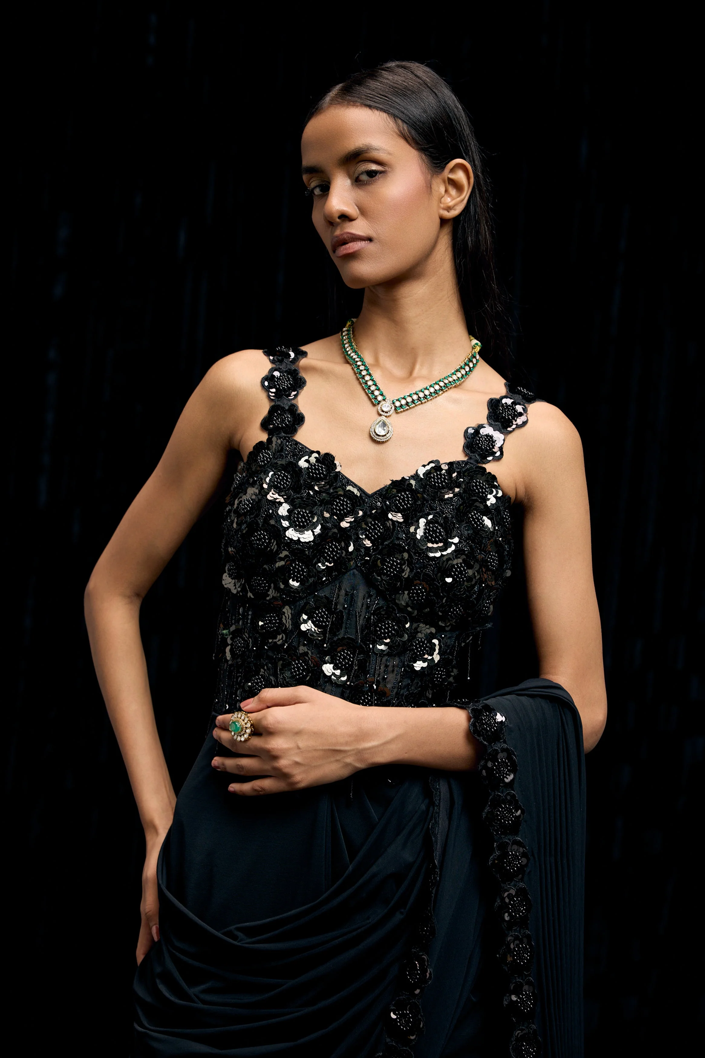 Obsidian Black Embellished Premium Lycra Gown - Image 3