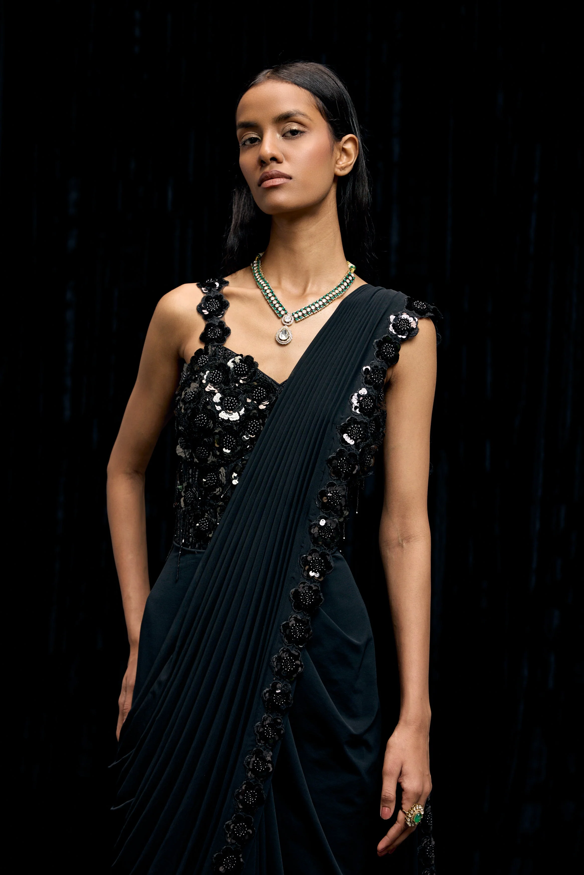 Obsidian Black Embellished Premium Lycra Gown - Image 4