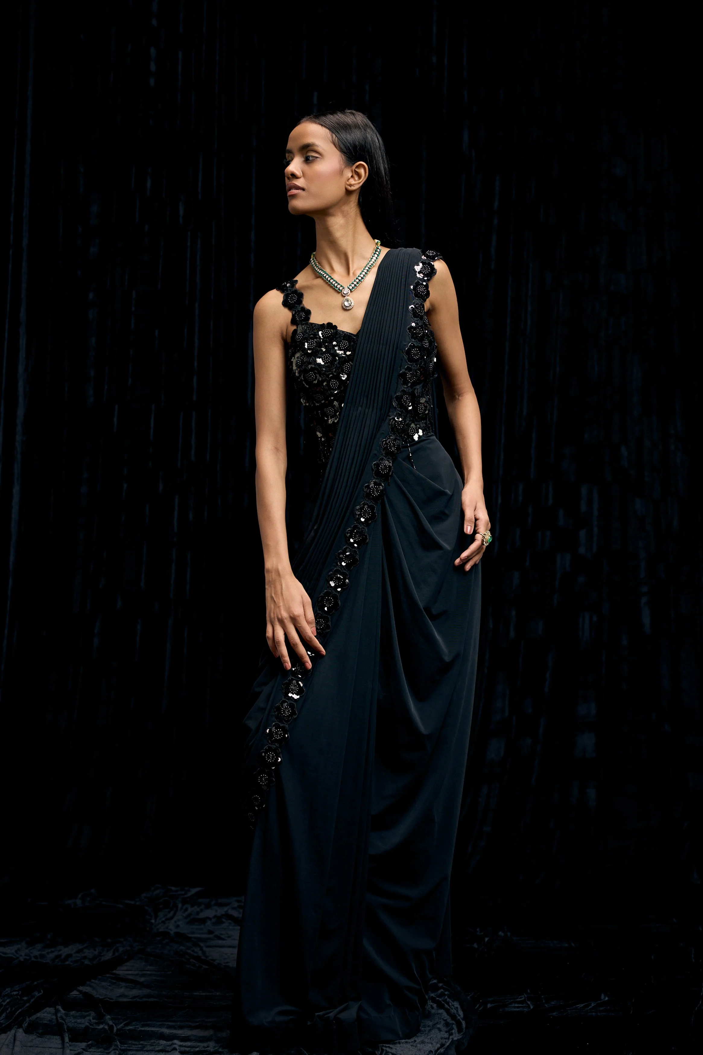 Obsidian Black Embellished Premium Lycra Gown - Image 5