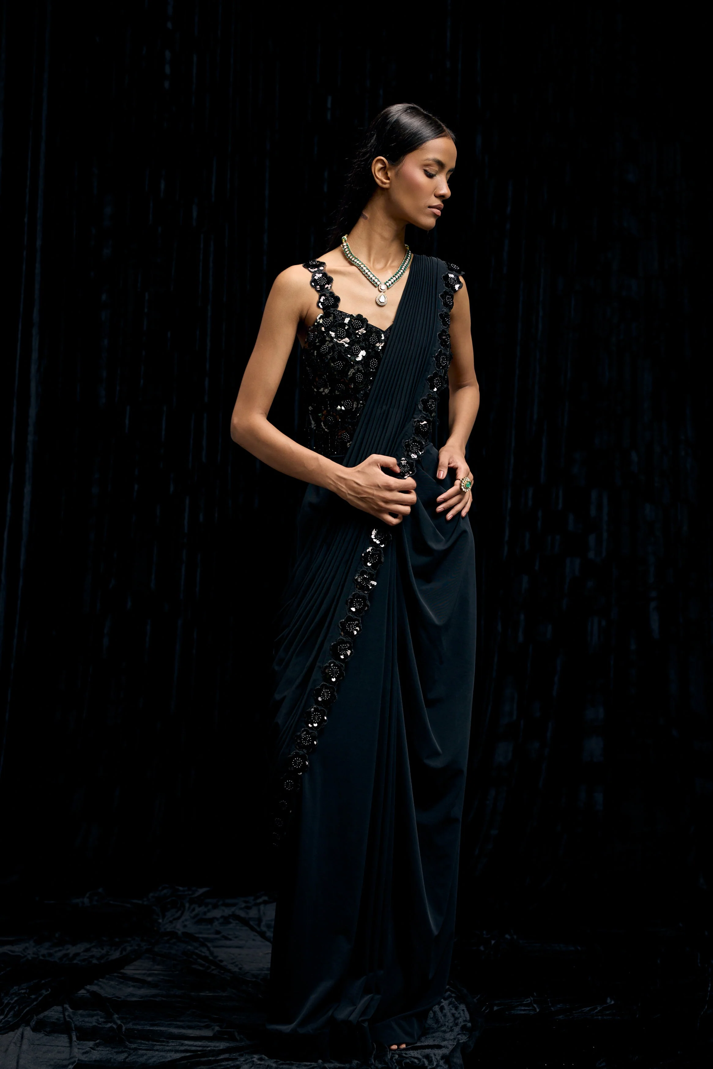 Obsidian Black Embellished Premium Lycra Gown - Image 6