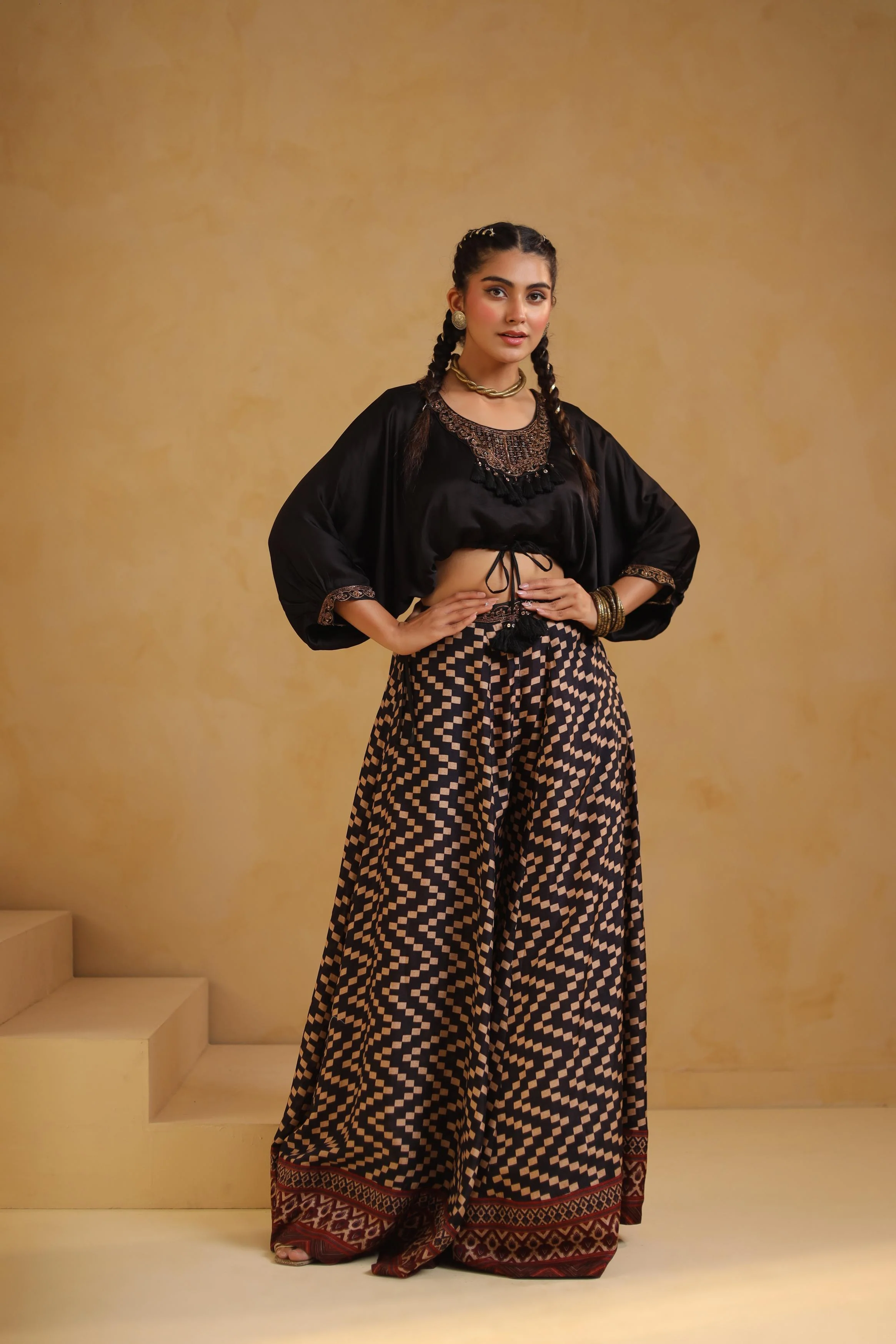 Black Embellished Modal Satin Co-Ord Set